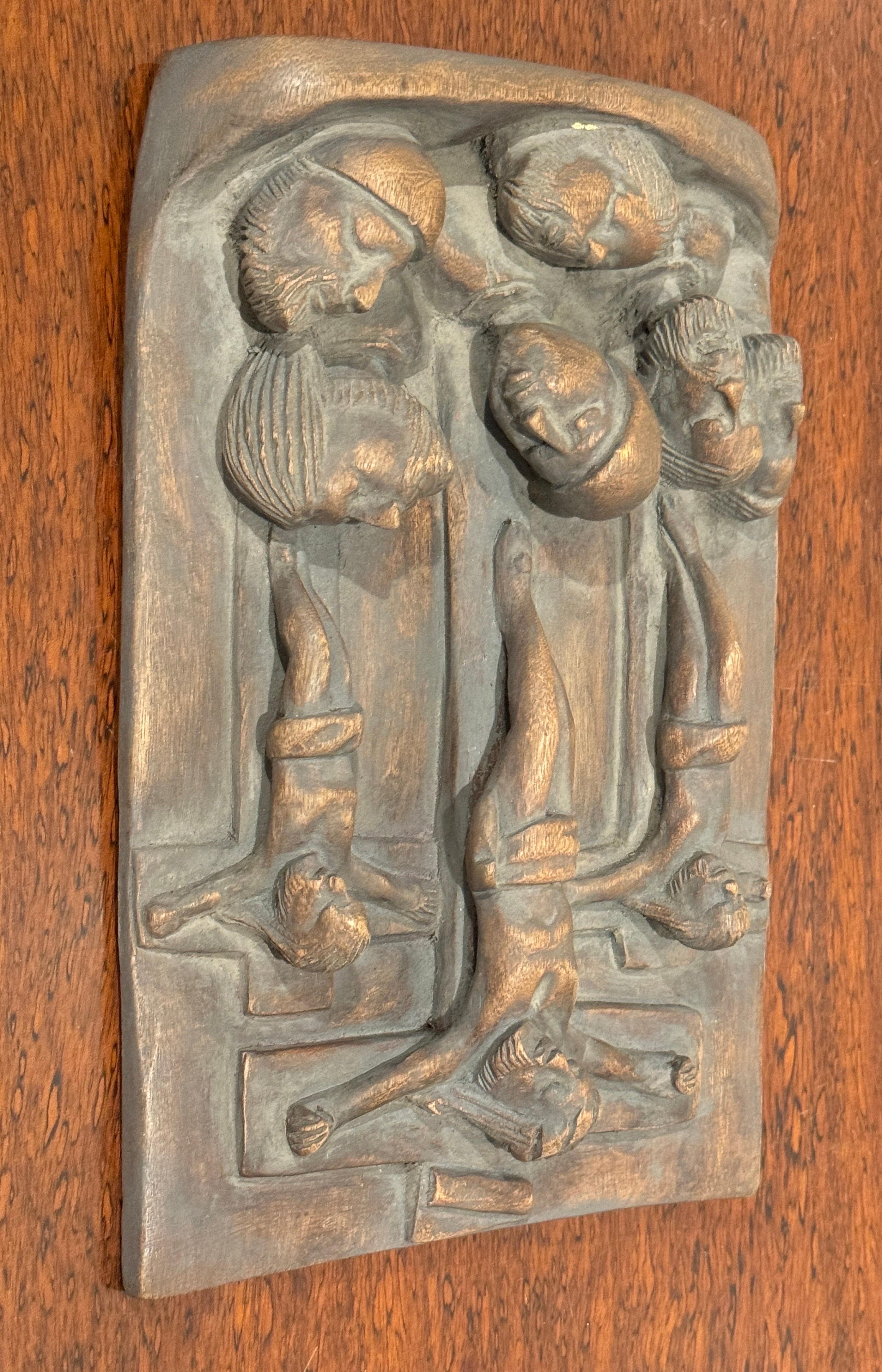 Spanish Colonial Religious Wood Carving Icon, Christ Crucified with Two Thieves For Sale 1