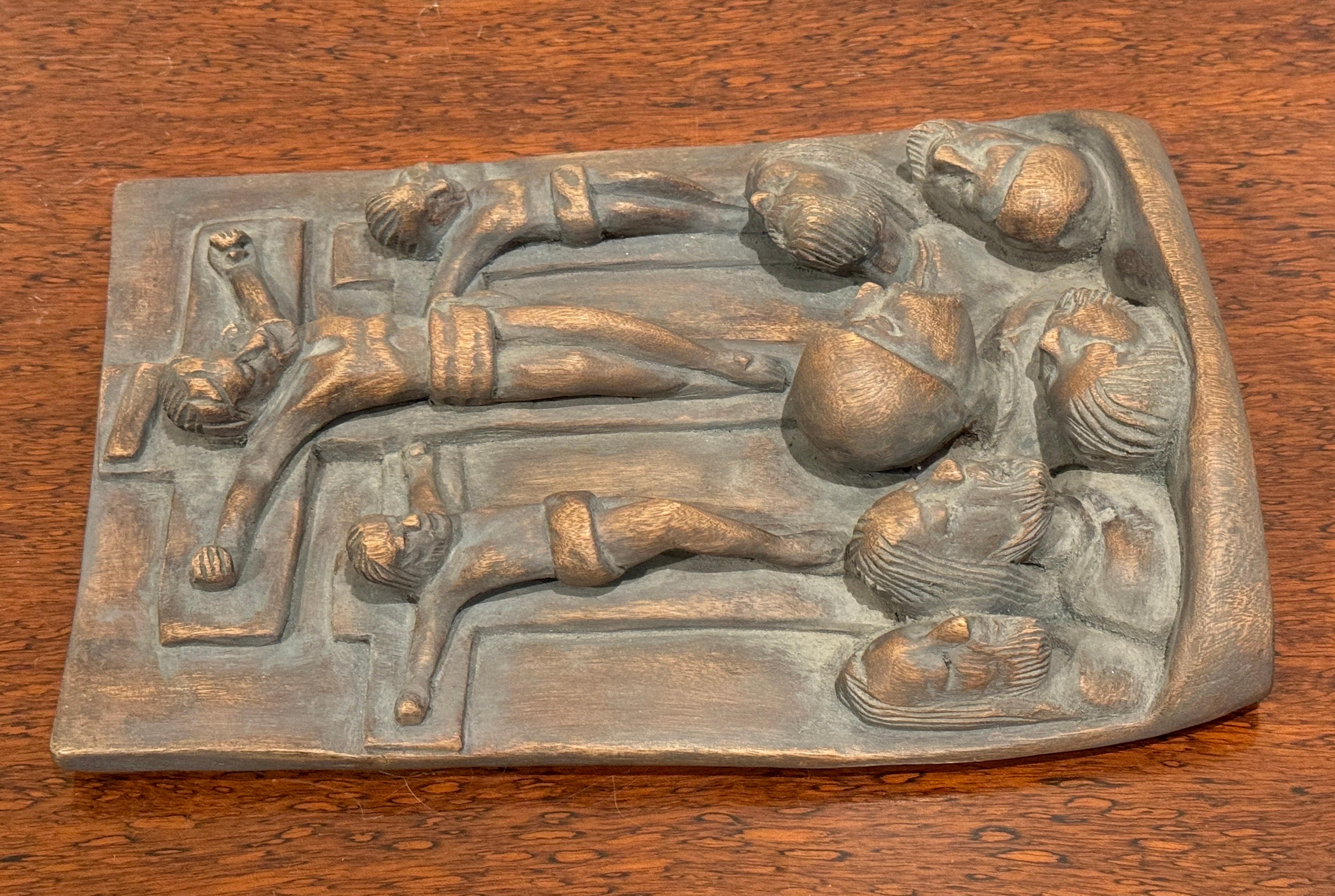 Spanish Colonial Religious Wood Carving Icon, Christ Crucified with Two Thieves For Sale 2