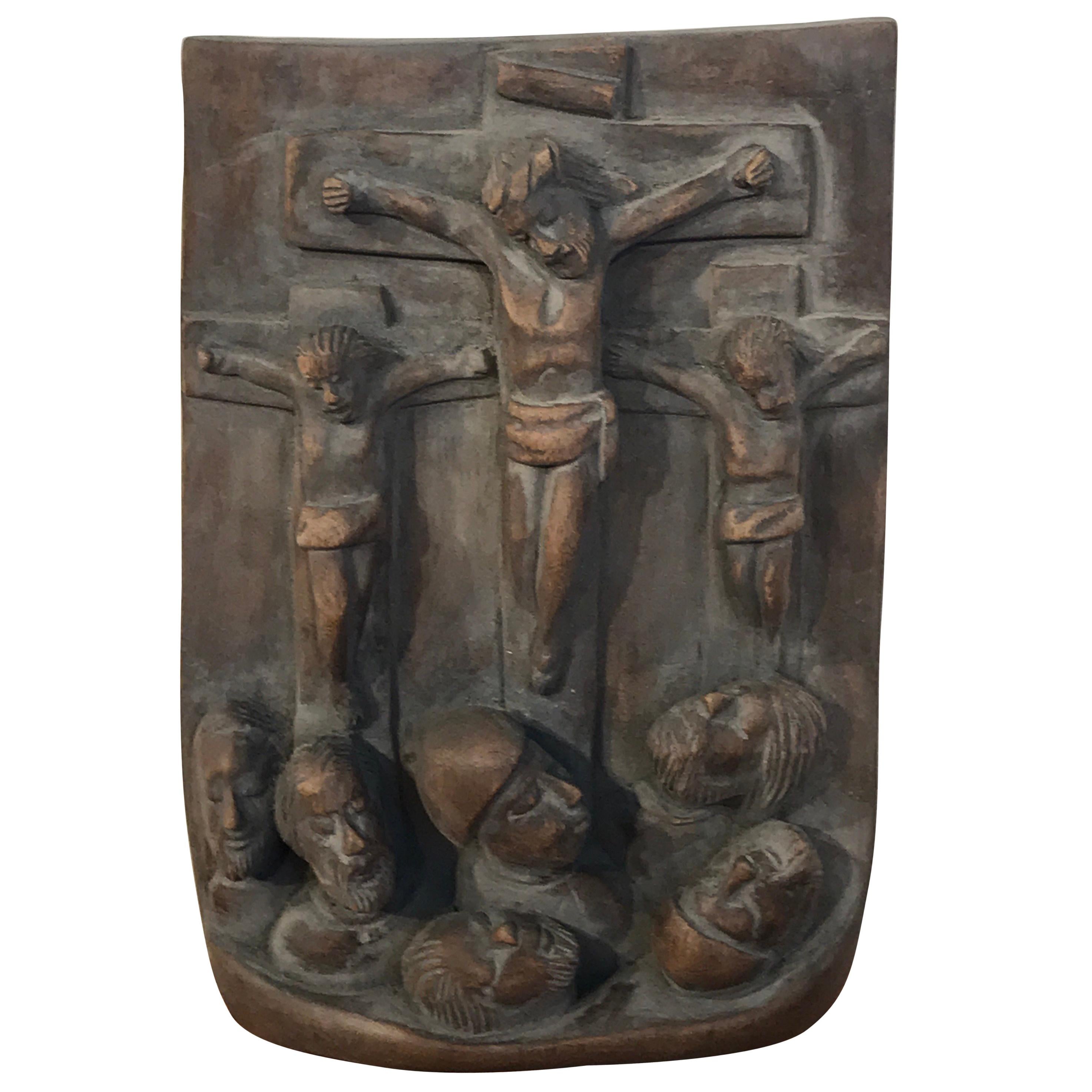 Spanish Colonial Religious Wood Carving Icon, Christ Crucified with Two
