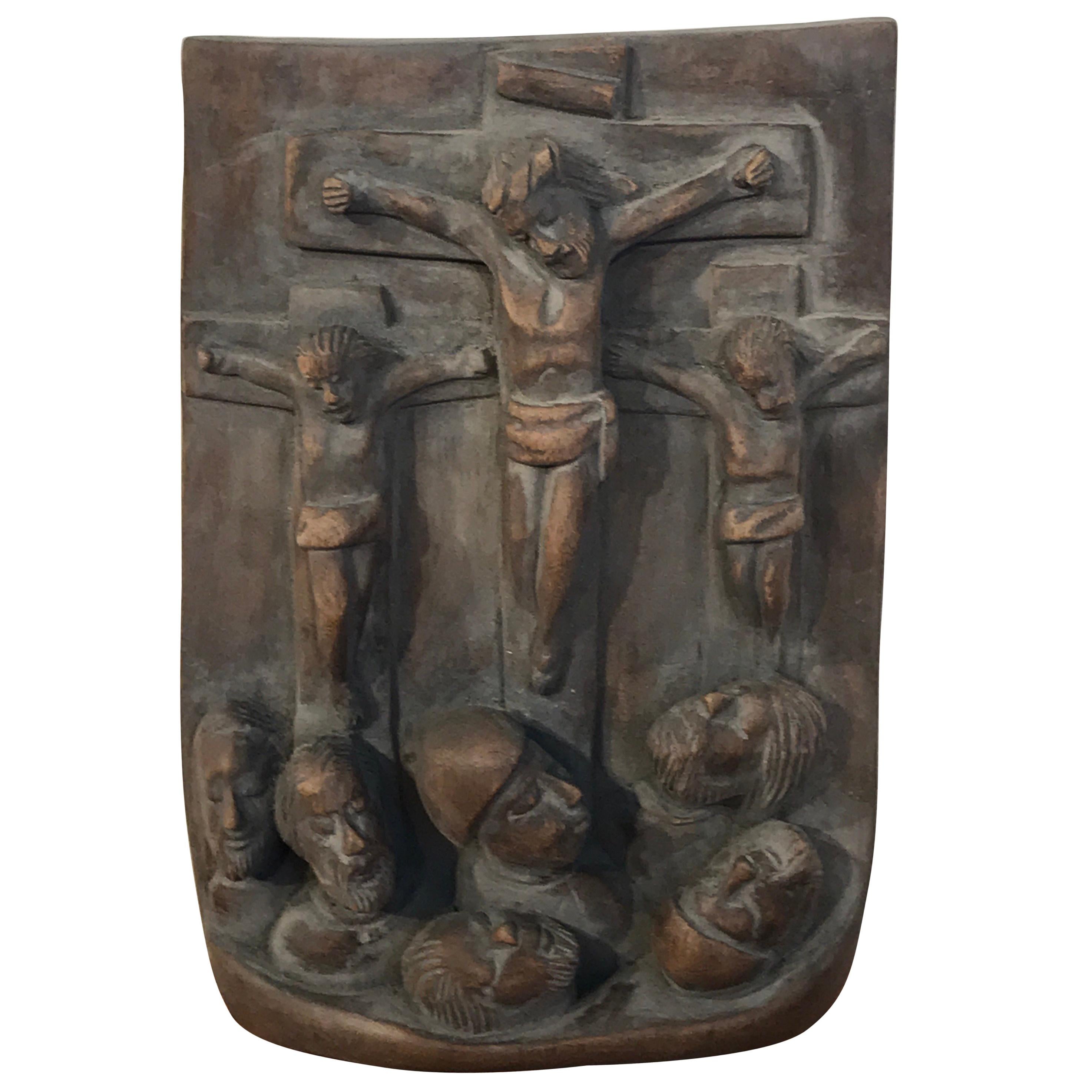 Spanish Colonial Religious Wood Carving Icon, Christ Crucified with Two Thieves