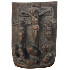 Spanish Colonial Religious Wood Carving Icon, Christ Crucified with Two Thieves