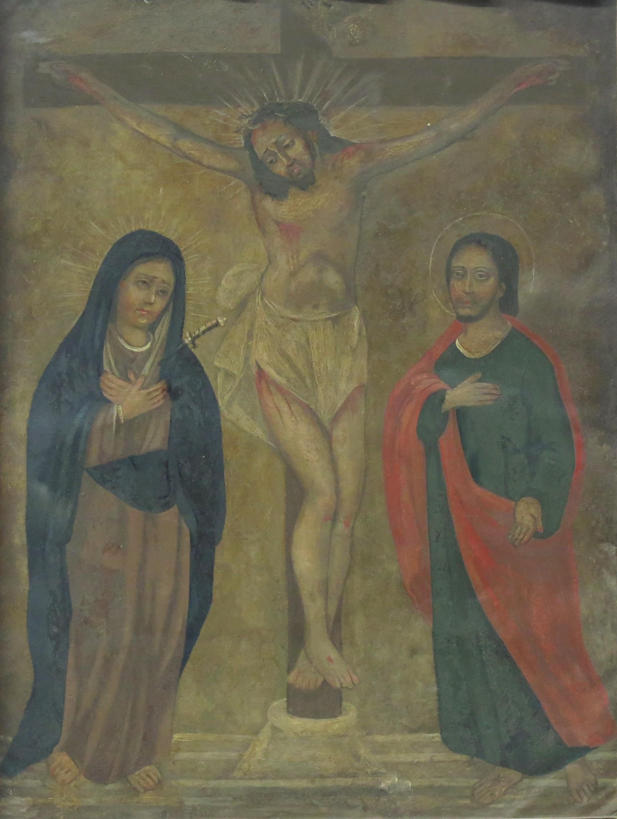The Crucifixion, oil on tin Spanish Colonial retablo, including Mary and Saint John, in a carved wooden frame, The Crucifixion is a central part of the Passion of Christ as it is the pivotal moment when Jesus makes the ultimate sacrifice for the