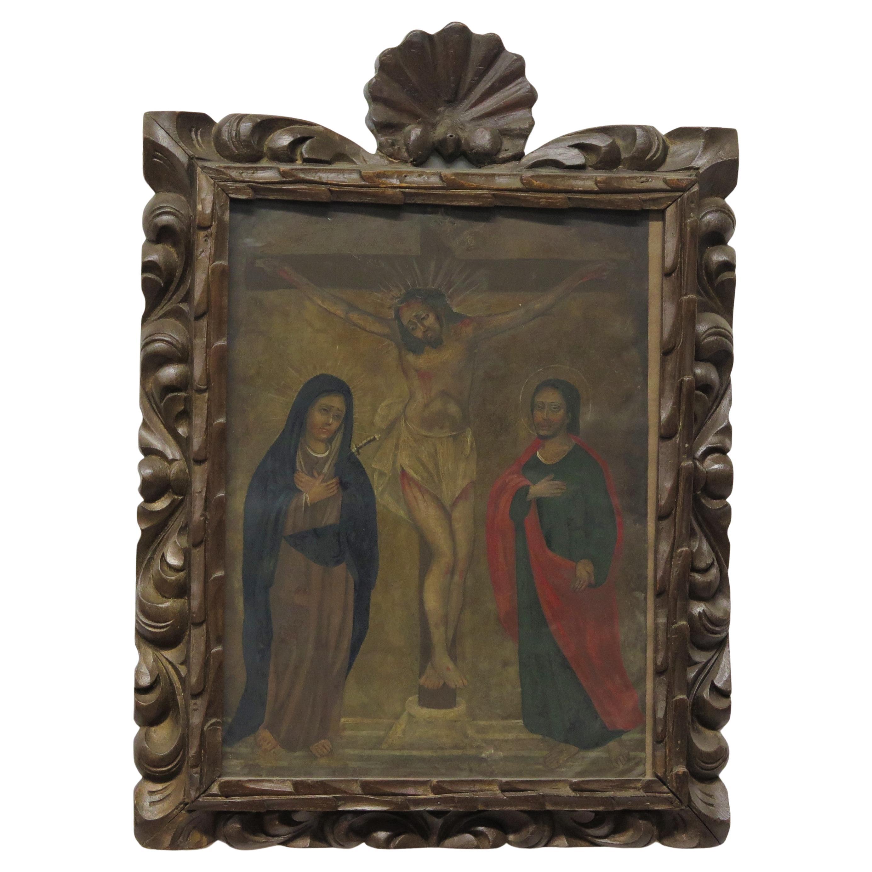 Spanisches Retablo aus der Kolonialzeit "The Crucifixion" mit der Jungfrau Maria und dem Heiligen Johannes