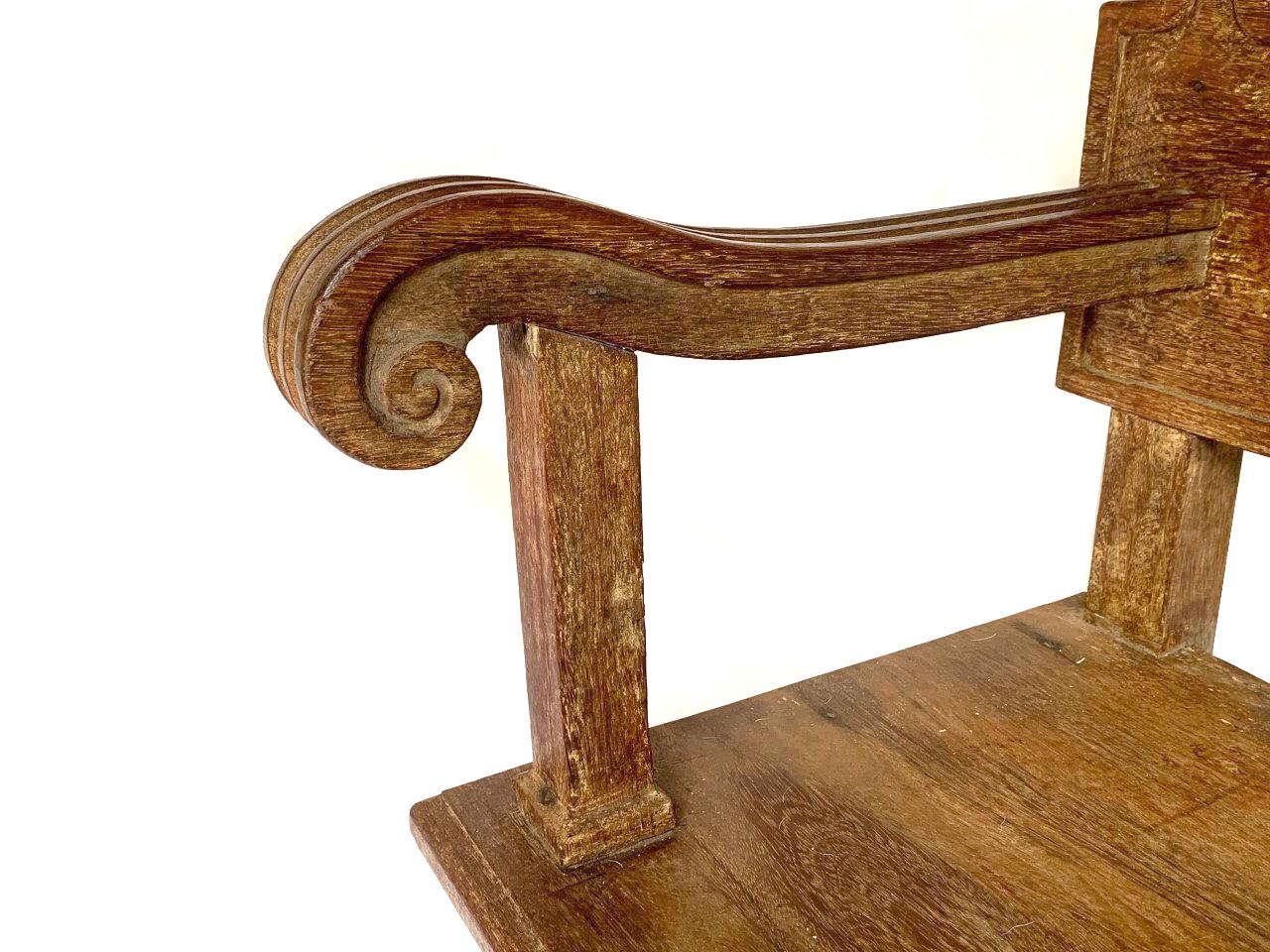 South American Spanish Colonial Revival Hall Bench - Circa 1930 Sucupira Hand Carved Wood  For Sale