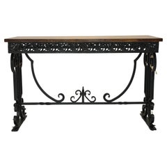 Spanish Colonial Revival Hand Forged Wrought Iron Console Table With Oak Top