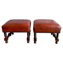 Spanish Colonial Revival Leather Benches with Antique Brass Trim, 1960