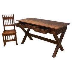 Bureau et chaise de style néo-colonial espagnol richement sculpté - 1930-1940