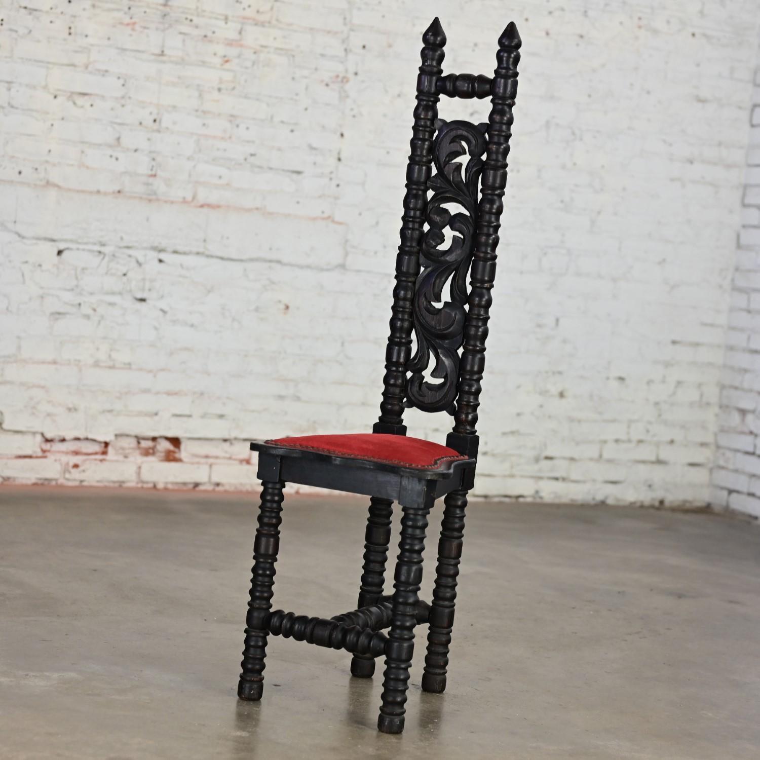 Unknown Spanish Colonial Revival Small High & Narrow Back Chair Red Velvet Style Witco For Sale