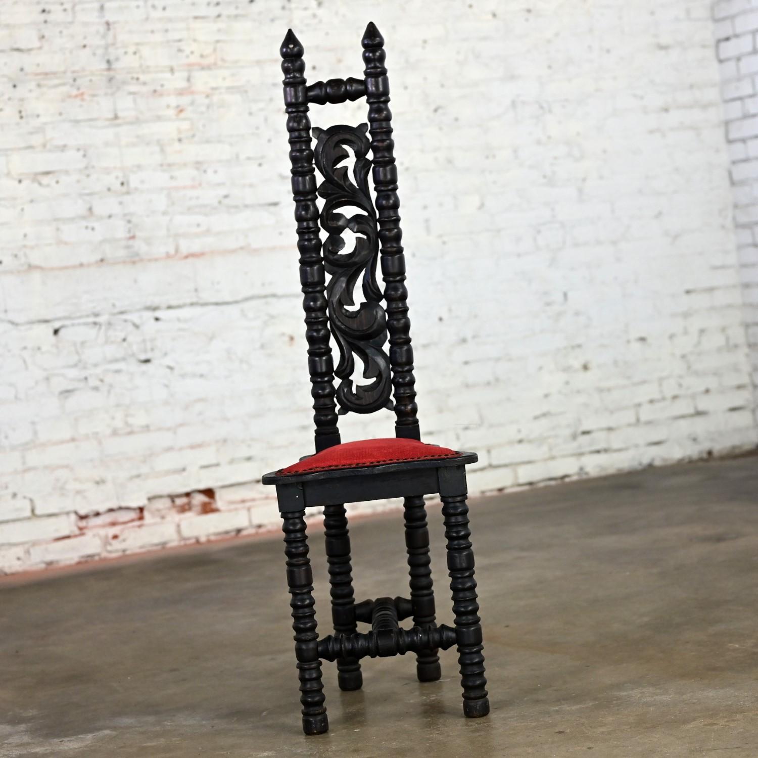 Spanish Colonial Revival Small High & Narrow Back Chair Red Velvet Style Witco In Good Condition For Sale In Topeka, KS