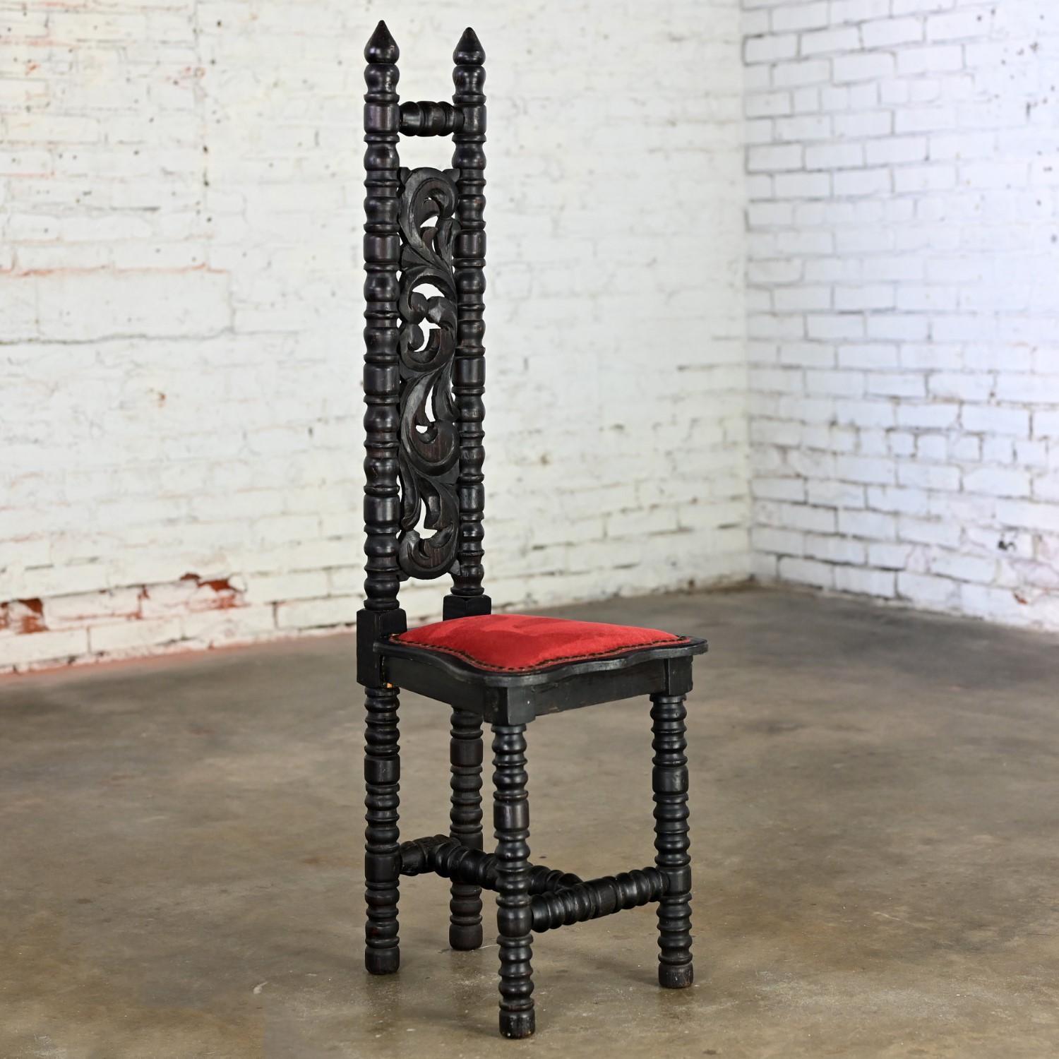 Late 20th Century Spanish Colonial Revival Small High & Narrow Back Chair Red Velvet Style Witco For Sale