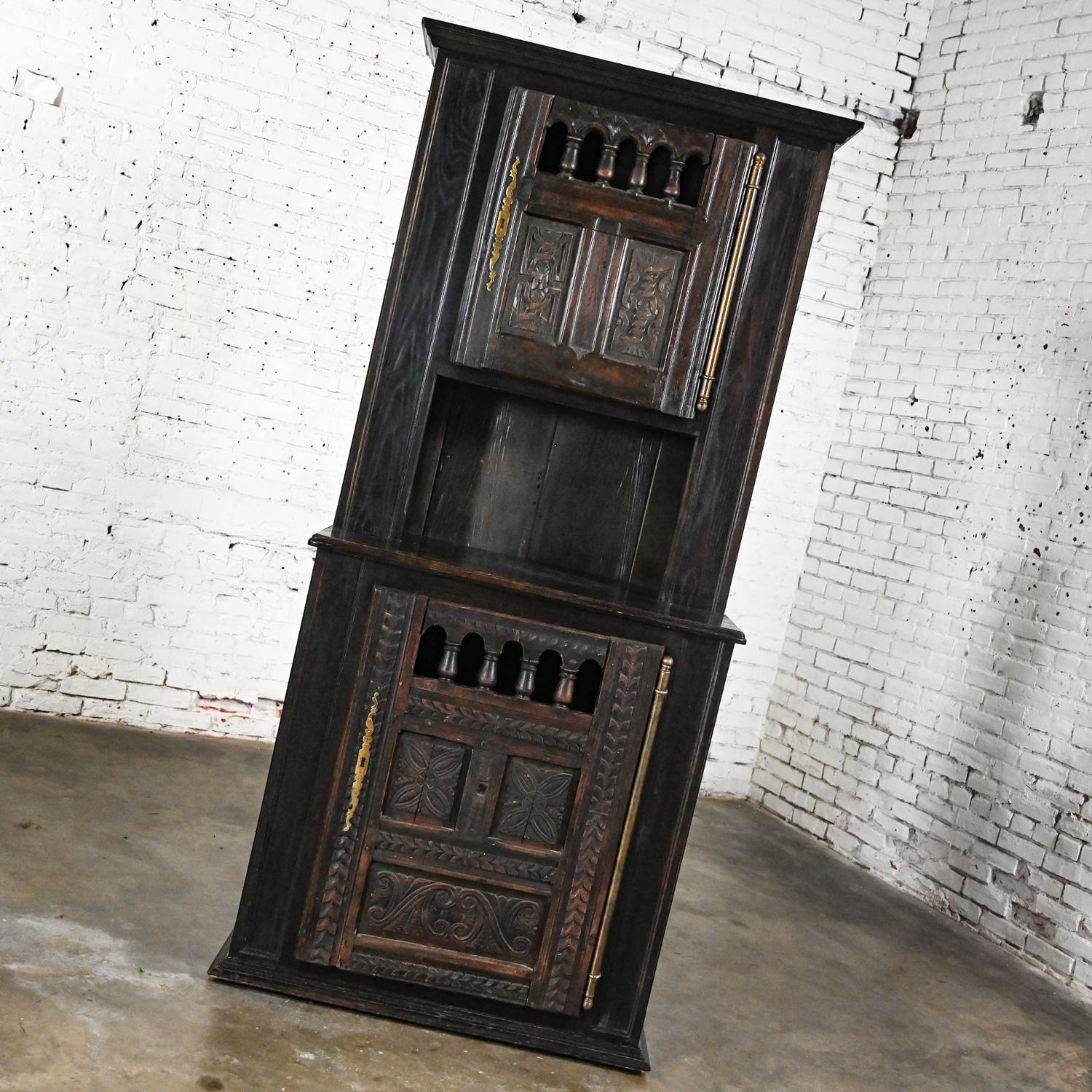 Brass Spanish Colonial Revival Style Oak Cupboard Hutch Cabinet or Dry Bar Hand Carved For Sale