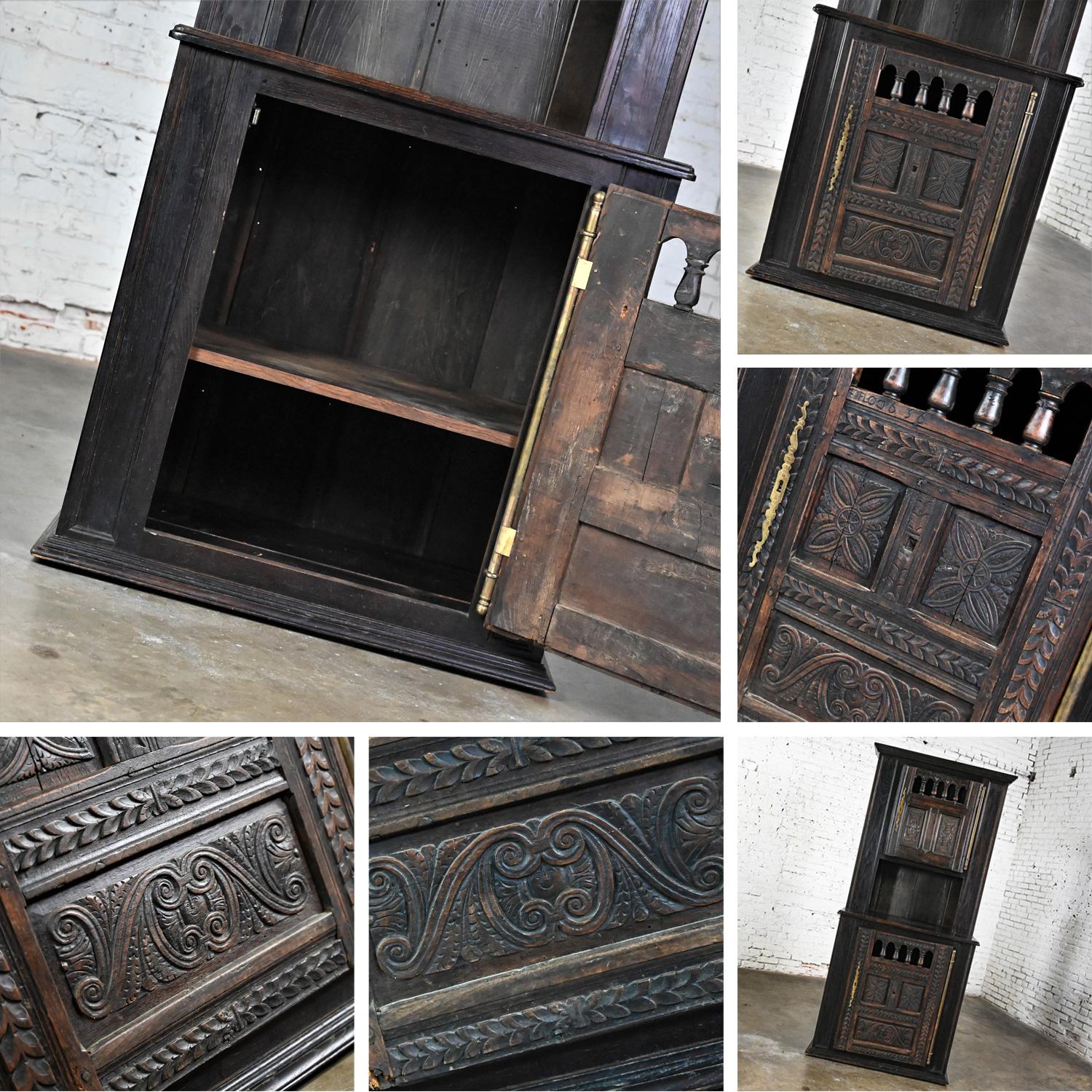 Spanish Colonial Revival Style Oak Cupboard Hutch Cabinet or Dry Bar Hand Carved For Sale 7