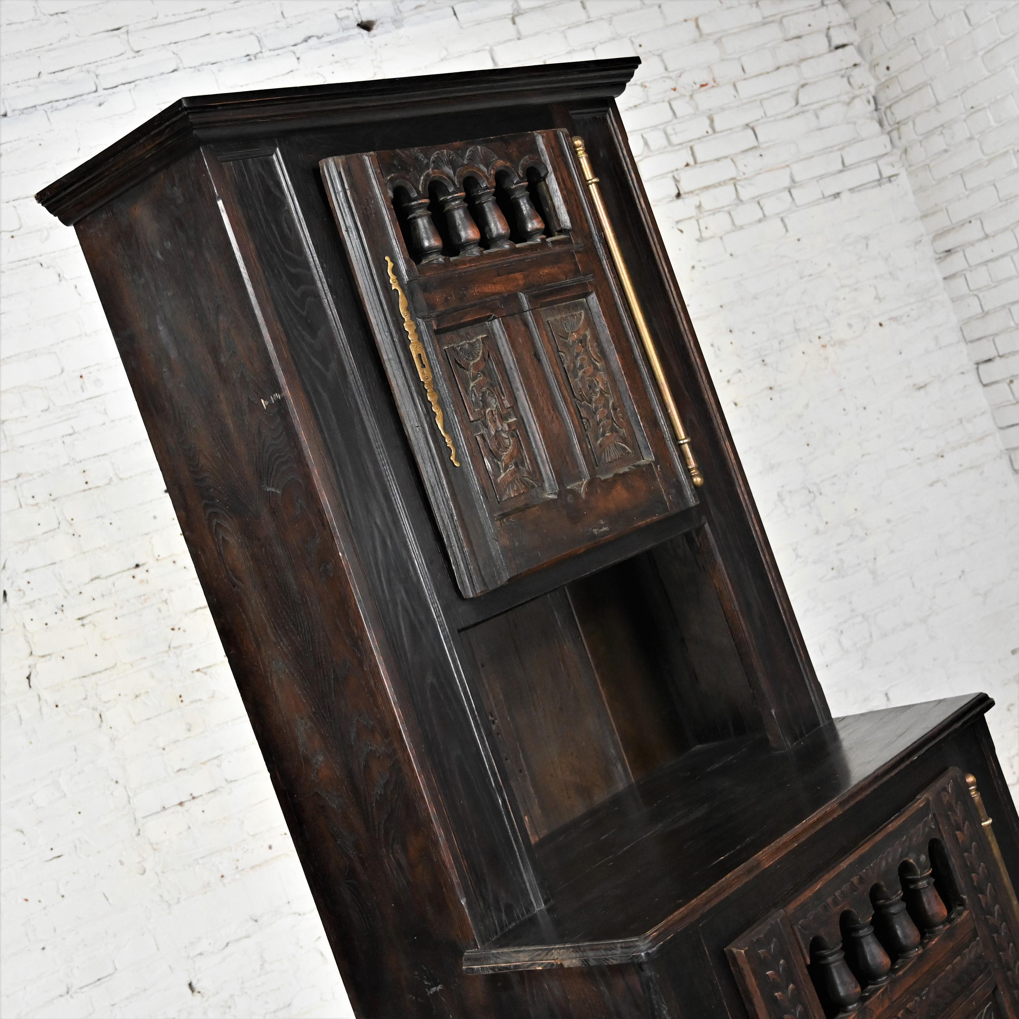 Spanish Colonial Revival Style Oak Cupboard Hutch Cabinet or Dry Bar Hand Carved For Sale 2