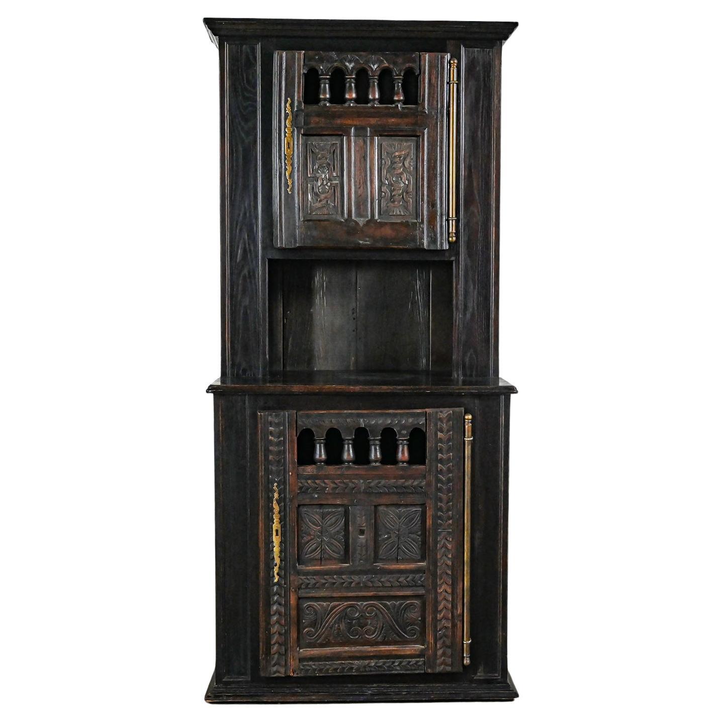 Spanish Colonial Revival Style Oak Cupboard Hutch Cabinet or Dry Bar Hand Carved For Sale