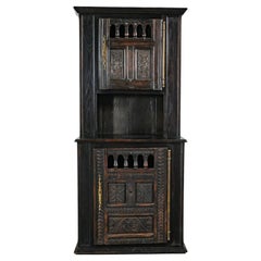 Spanish Colonial Revival Style Oak Cupboard Hutch Cabinet or Dry Bar Hand Carved