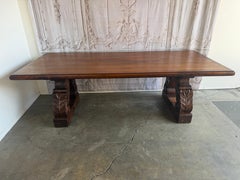 Spanish Colonial Revival Walnut Dining Table with Hand-Carved Scroll