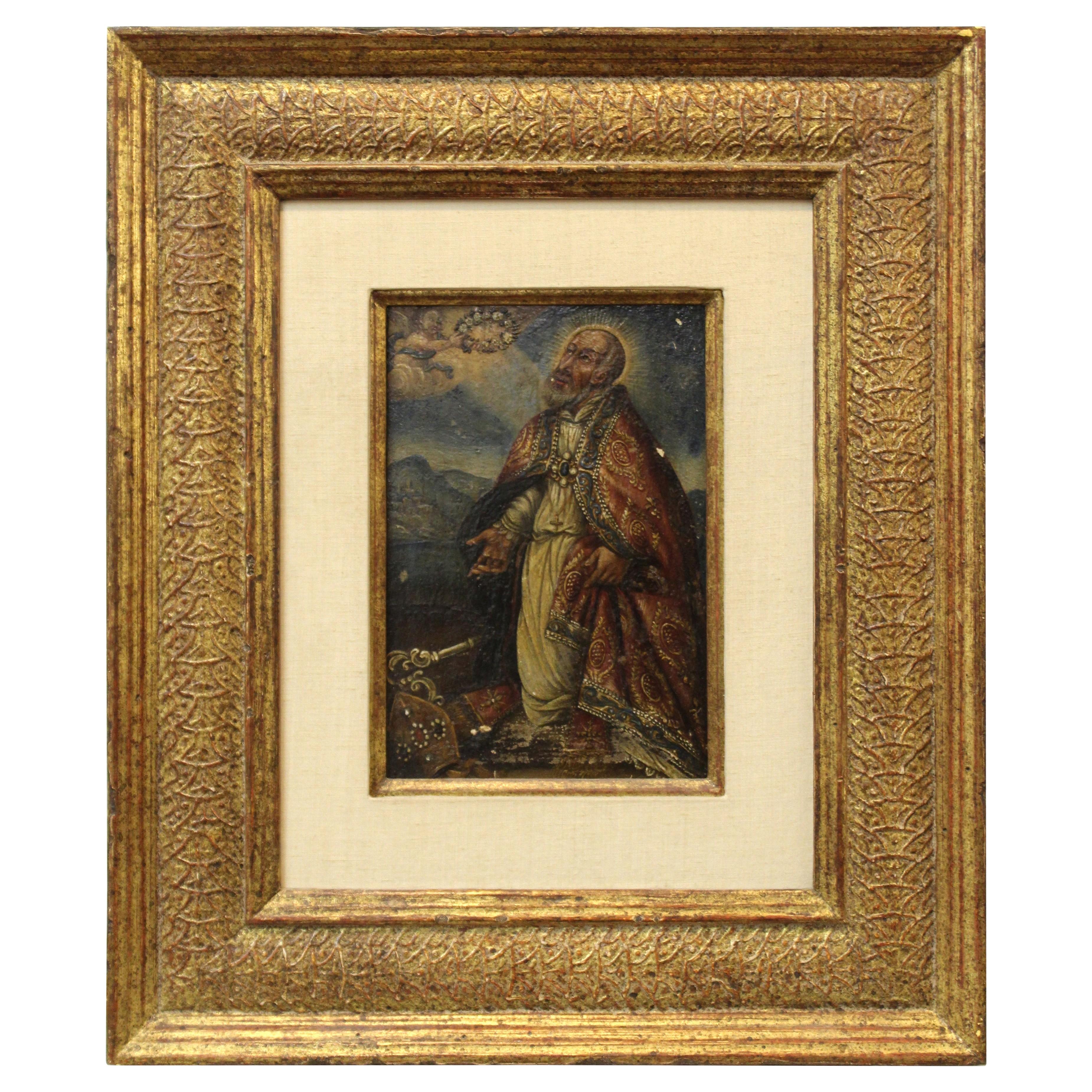 Spanish Colonial Saint and Angel Oil on Panel Painting For Sale