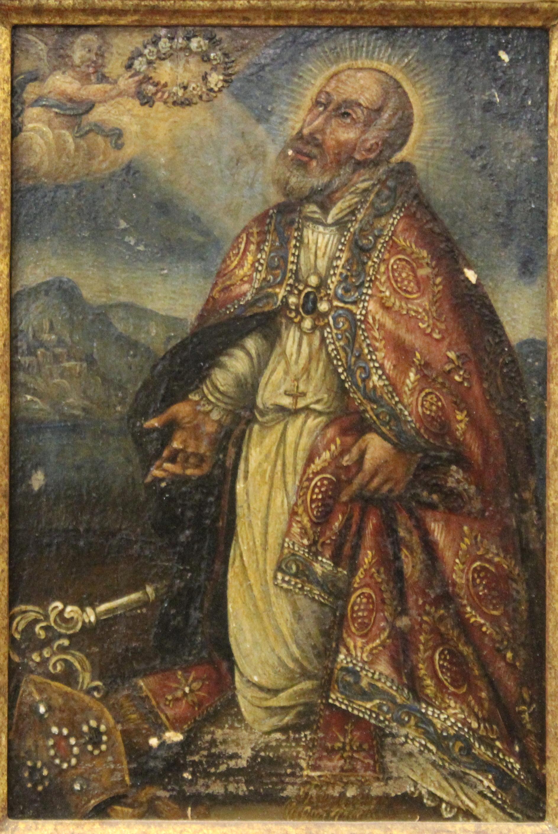 Spanisches Ölgemälde aus der Kolonialzeit, das einen knienden Heiligen oder Bischof darstellt, der von einem Engel in der linken oberen Ecke mit einem Blumenkranz geschmückt wird. Das Stück ist in einem Kulicke-Vergoldungsrahmen