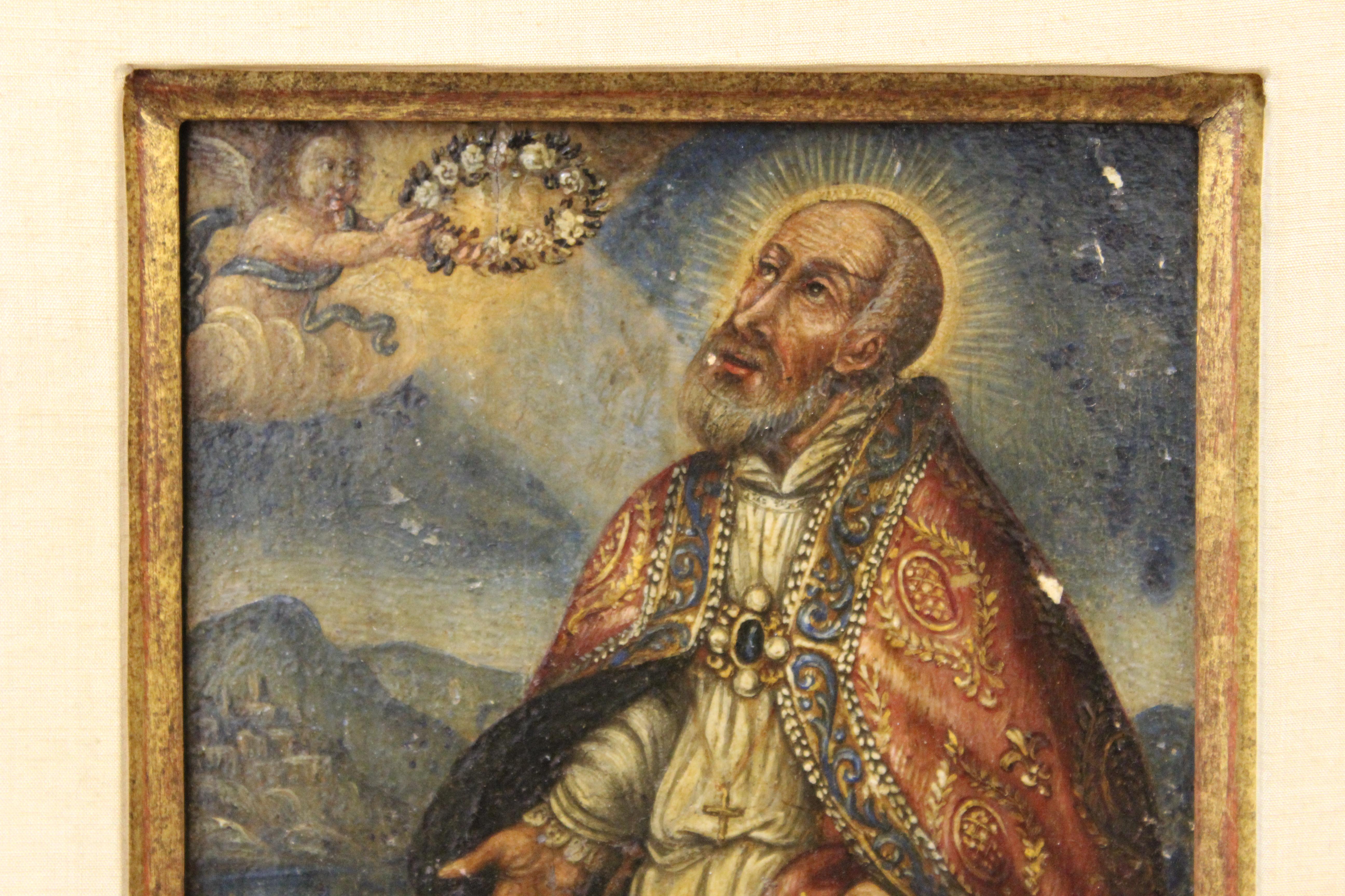 Spanisches Kolonialgemälde, Heiliger und Engel, Öl auf Tafel, Gemälde (Spanisch Kolonial) im Angebot