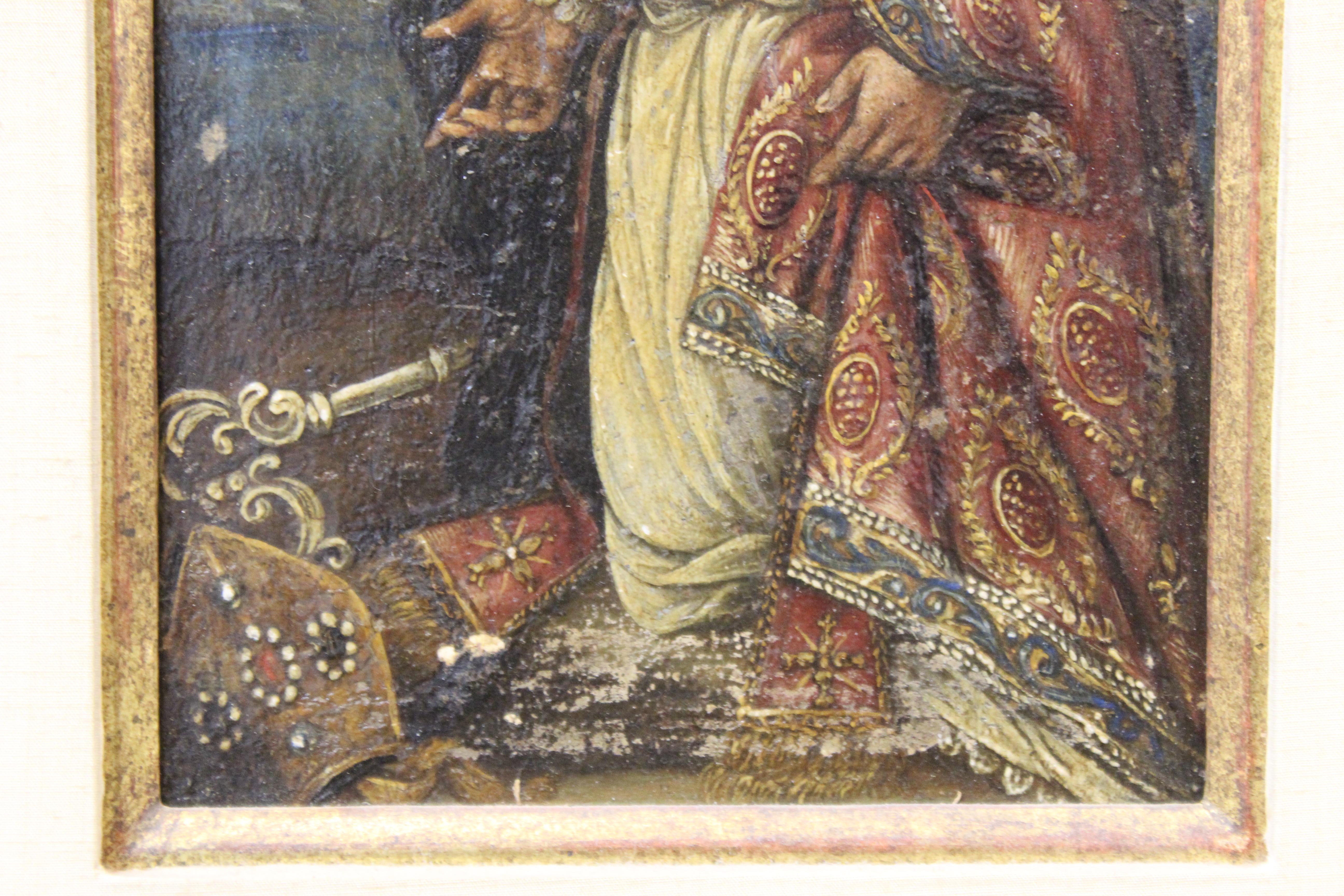 Spanisches Kolonialgemälde, Heiliger und Engel, Öl auf Tafel, Gemälde (Handbemalt) im Angebot