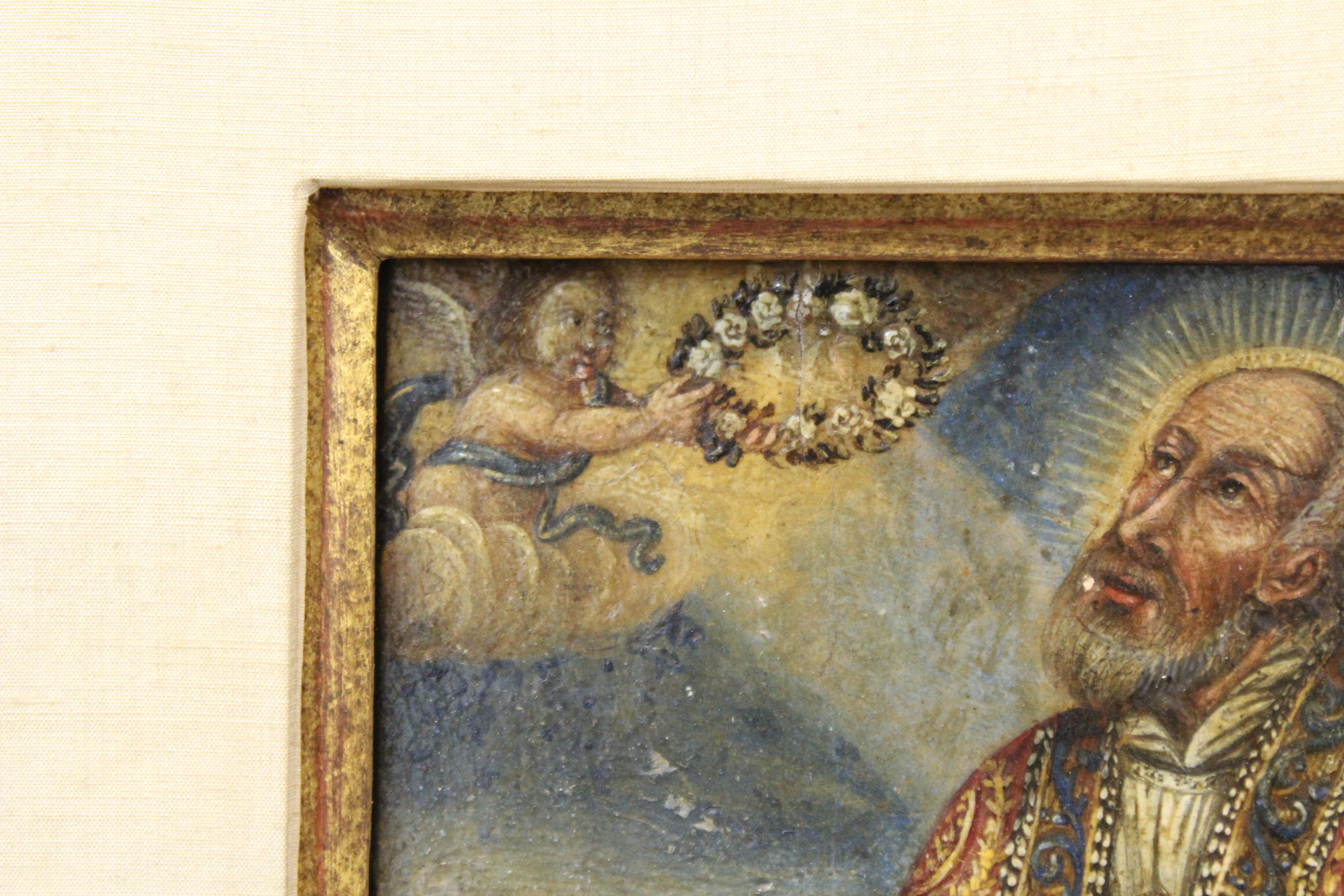 Spanisches Kolonialgemälde, Heiliger und Engel, Öl auf Tafel, Gemälde (18. Jahrhundert und früher) im Angebot