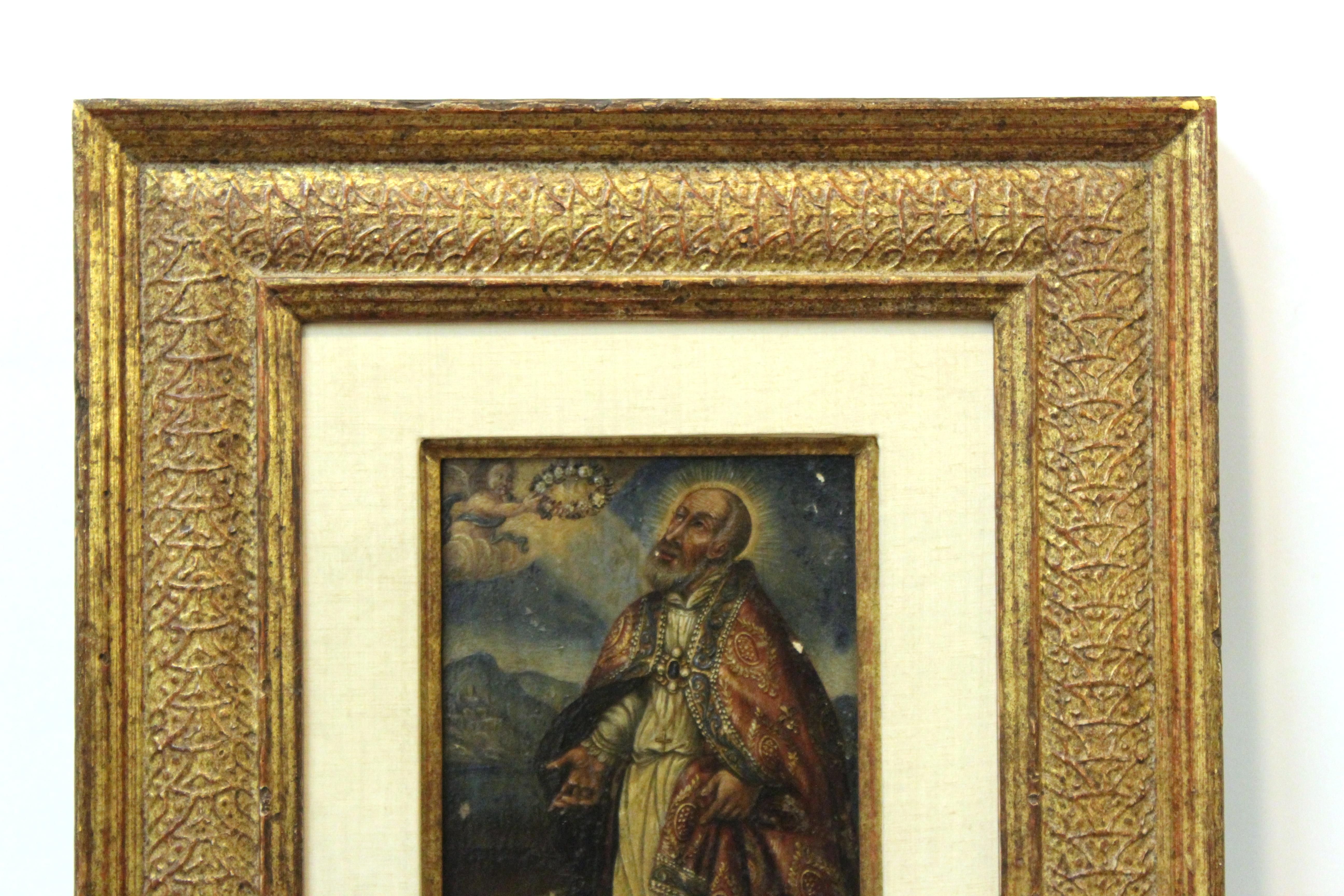 Spanisches Kolonialgemälde, Heiliger und Engel, Öl auf Tafel, Gemälde (Holz) im Angebot