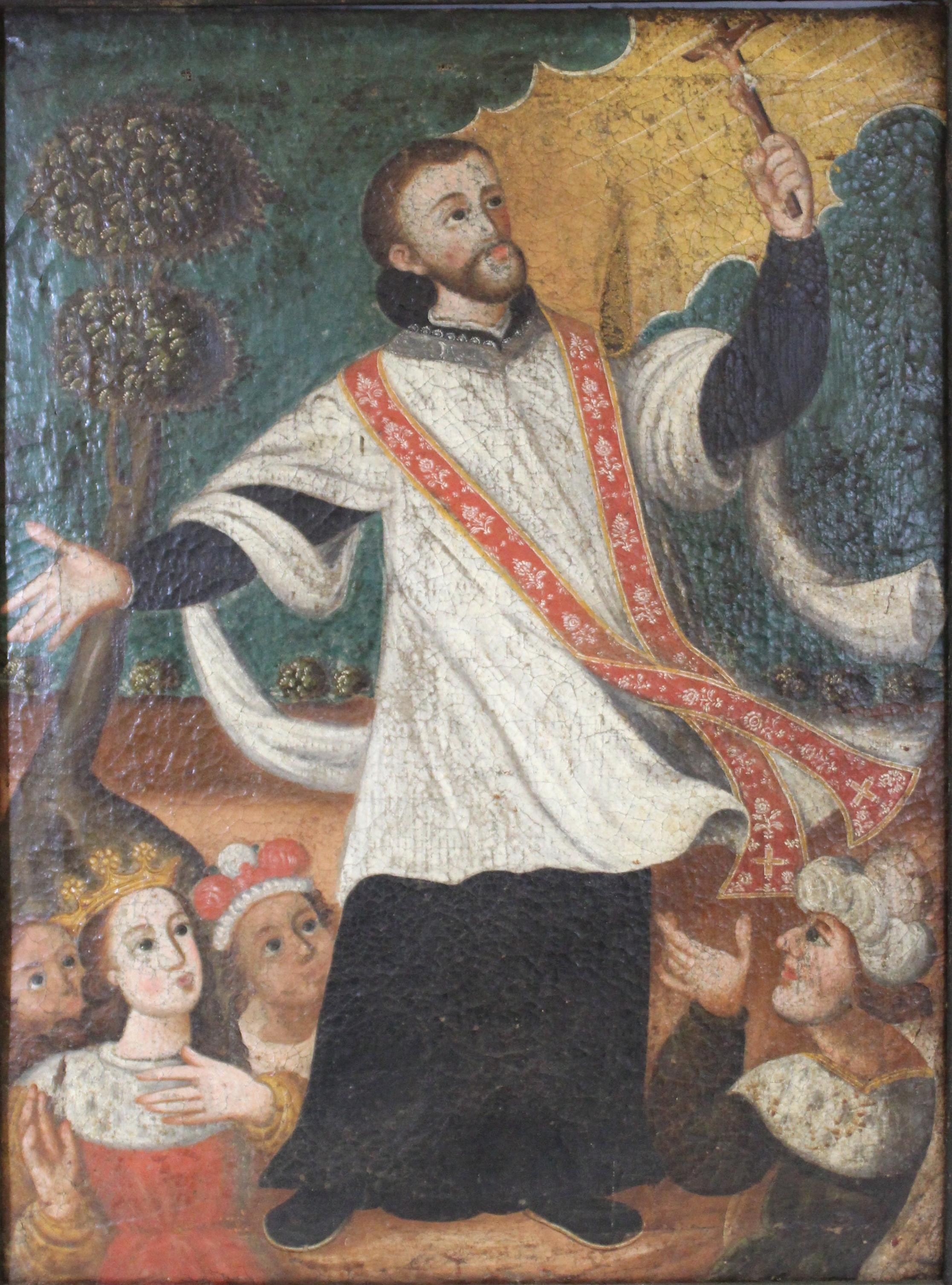 Spanish Colonial oil on canvas painting depicting the Spanish Jesuit priest and Saint Peter Claver. The painting shows the saint in his priest attire, holding up a crucifix in ecstasy, surrounded by noblemen at his feet. The painting is set within