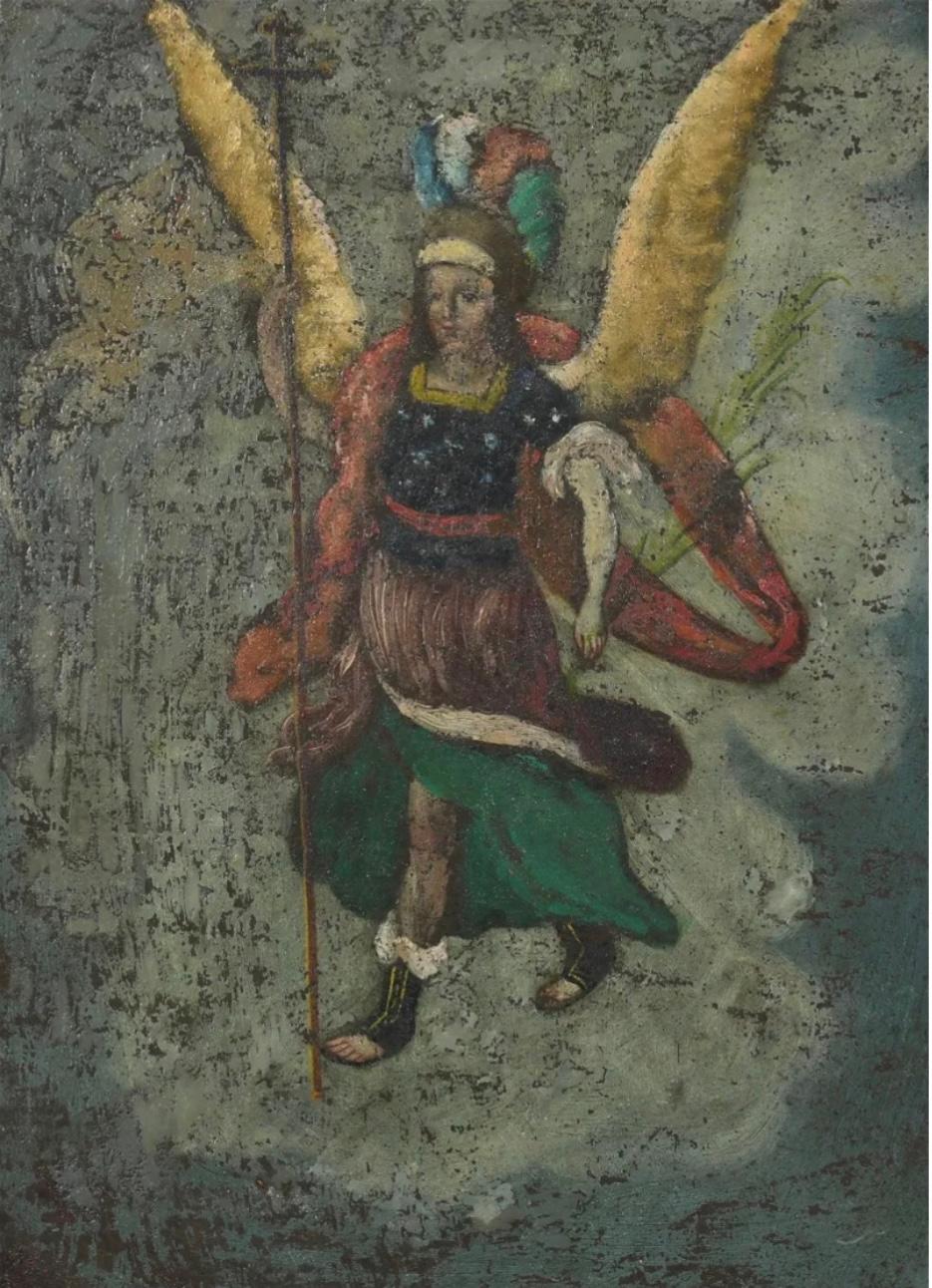 Spanish Colonial oil on tin painting. A retablo depicting St. Michael the Archangel. Colors of red, navy and green on a teal background. Painting dimensions are 13in x9in, while frame is 14.5 x 10.5in x 1in.