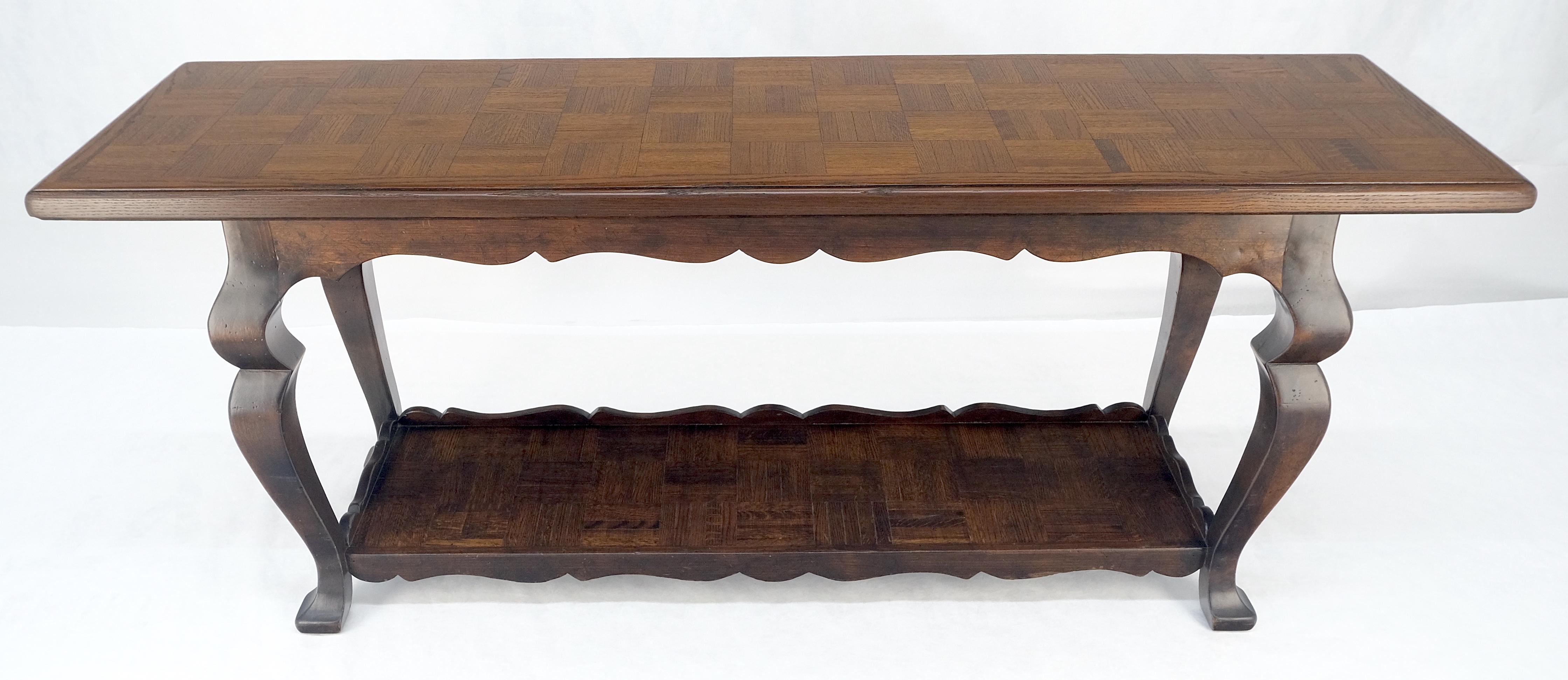 Spanish Colonial Solid Oak Parquetry Top Two Tier Console Library Table MINT In Excellent Condition For Sale In Rockaway, NJ