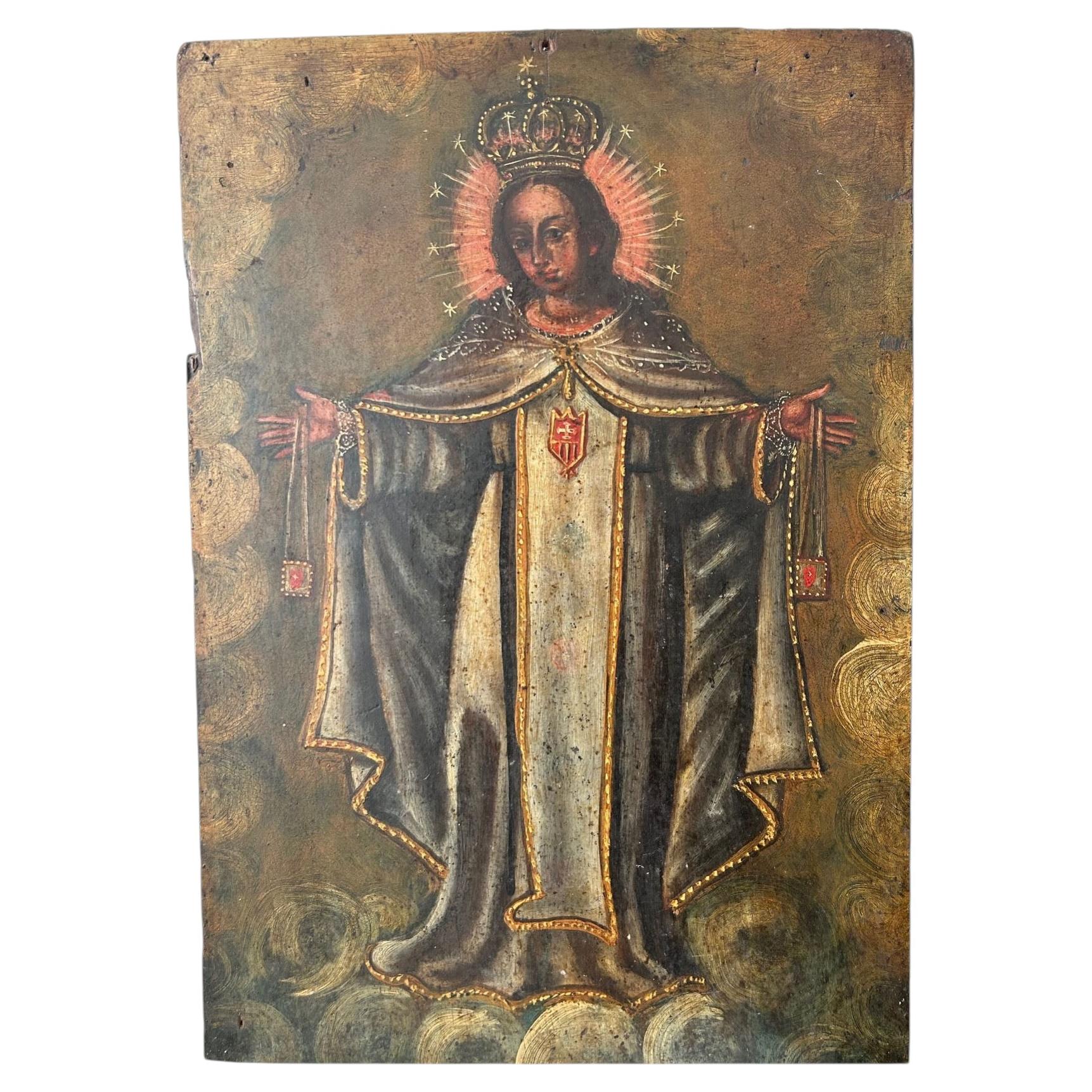 18th Century Spanish Colonial Oil Painting: Virgin of Mercy
