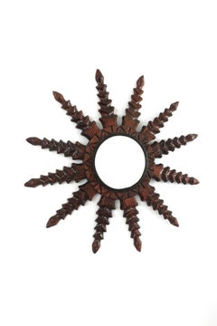 Spanish Colonial Starburst Sunburst Mirror in Carved Wood, 1940s