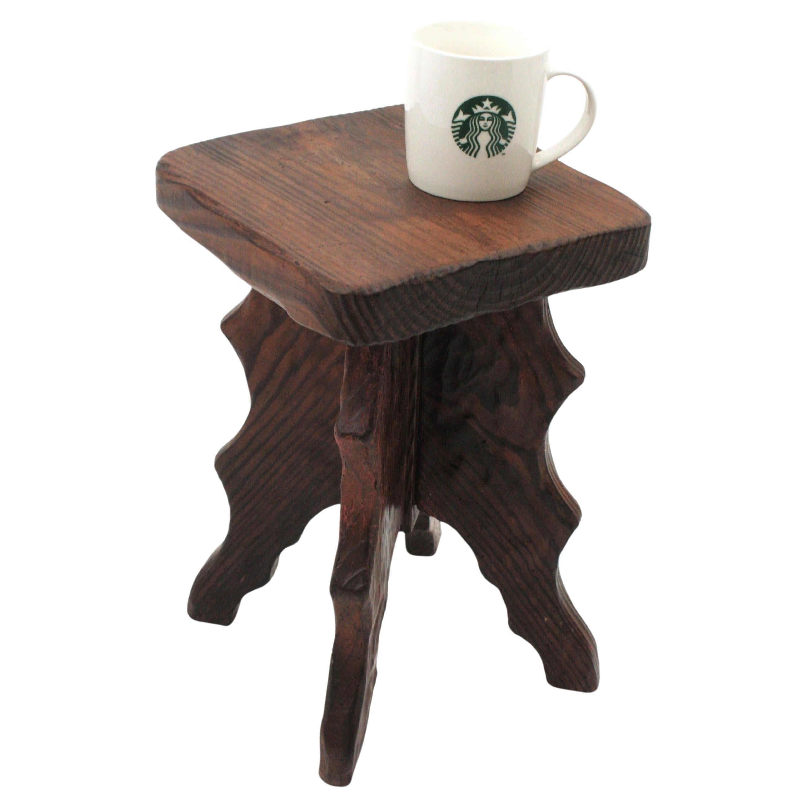 Spanish Colonial Stool / Side Table in Carved Wood, 1940s