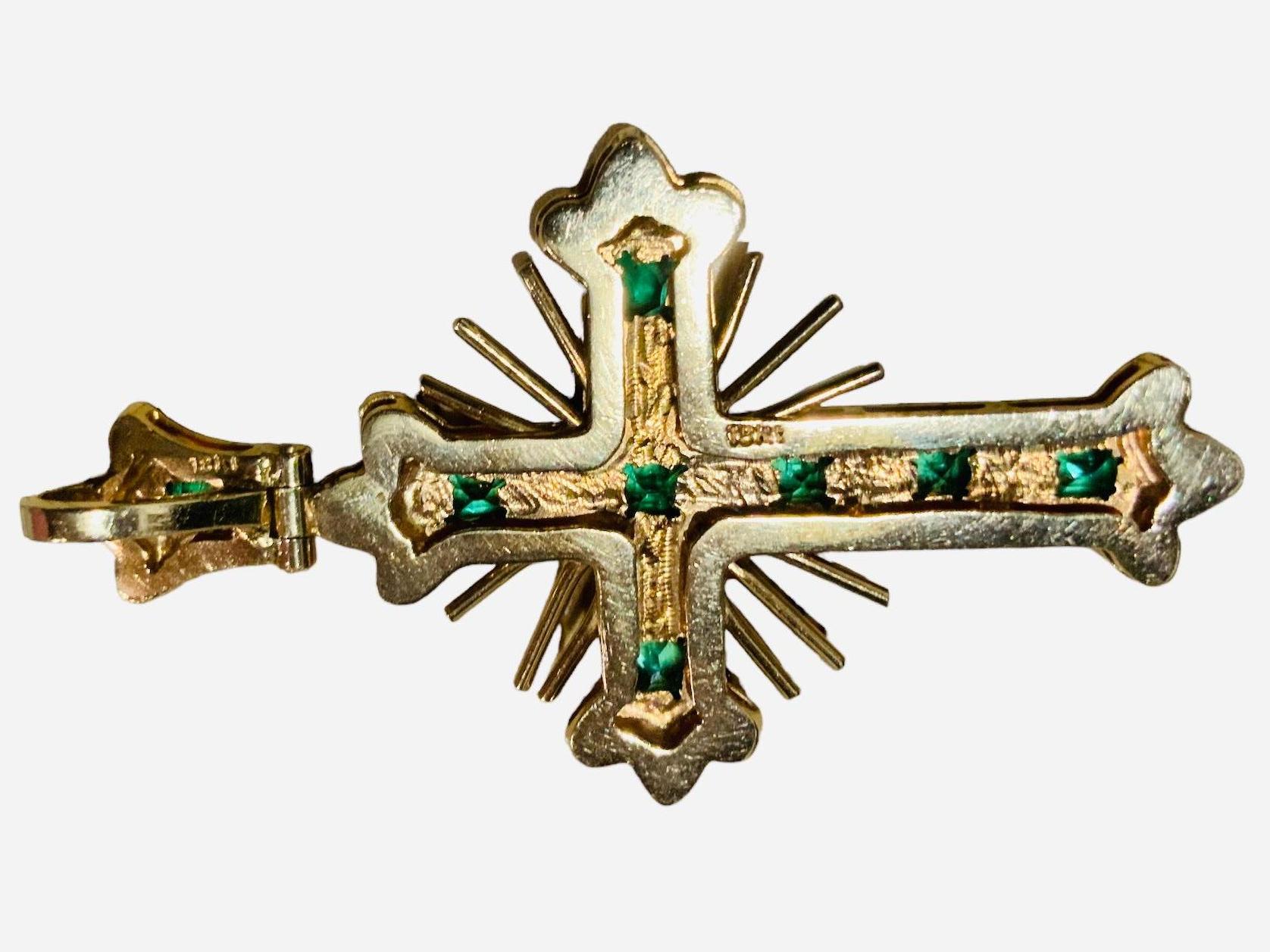 Emerald Cut Spanish Colonial Style 18k Gold Emerald Cross Pendant