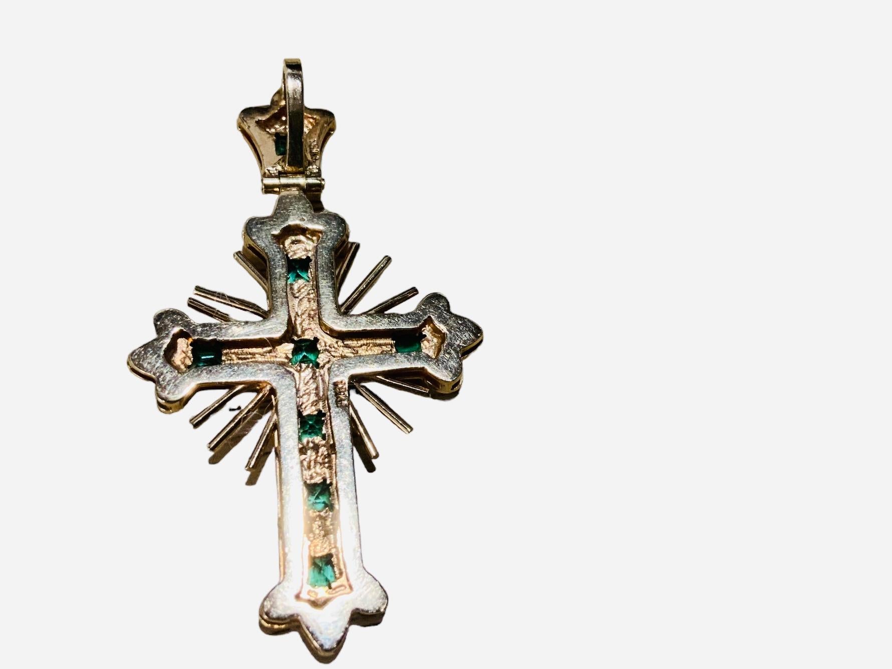 Women's or Men's Spanish Colonial Style 18k Gold Emerald Cross Pendant