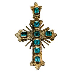 Spanish Colonial Style 18k Gold Emerald Cross Pendant 