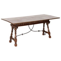 Spanish Colonial Style Flip Top Console Table in Walnut with Iron Stretcher