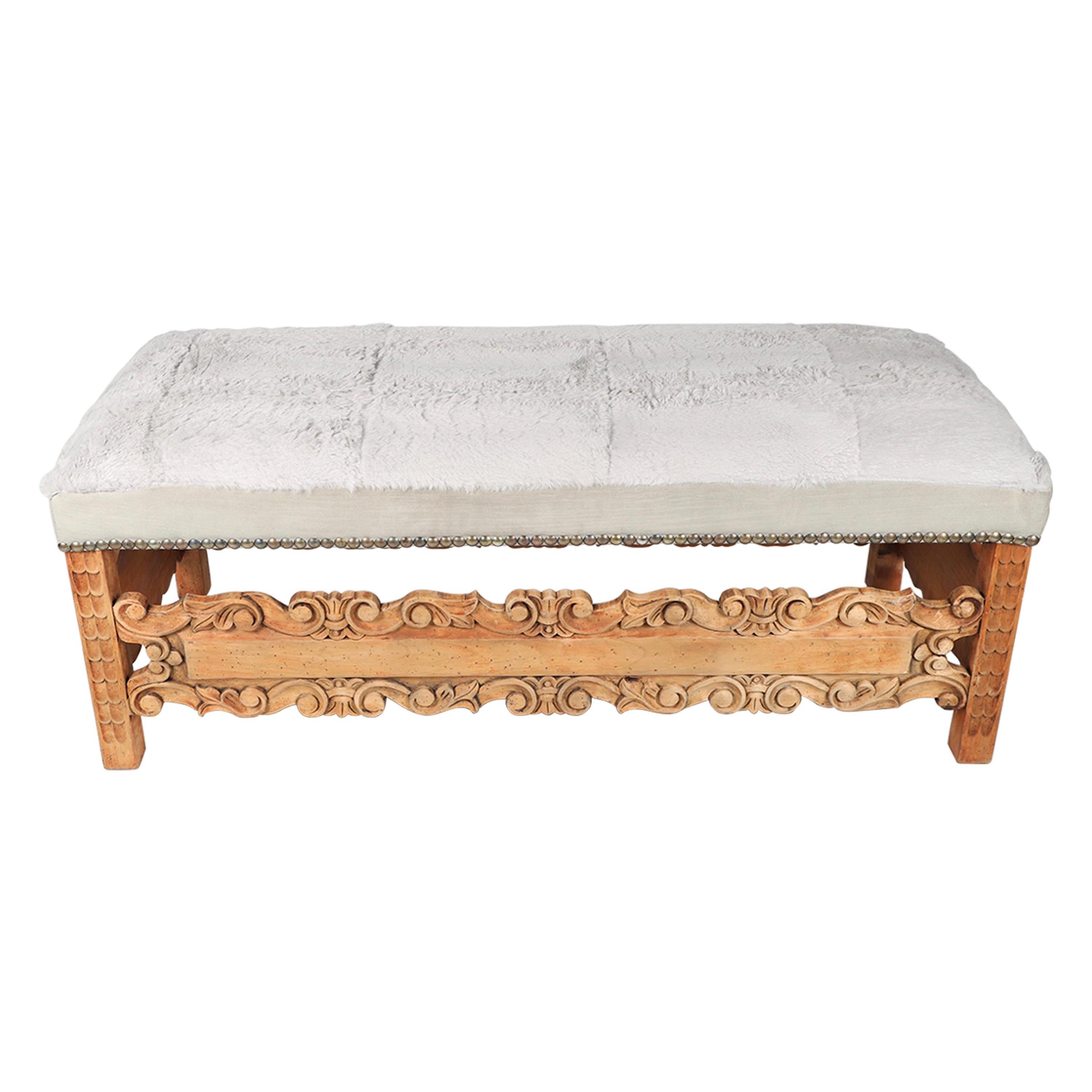 Spanish Colonial Style Hand Carved Bench For Sale