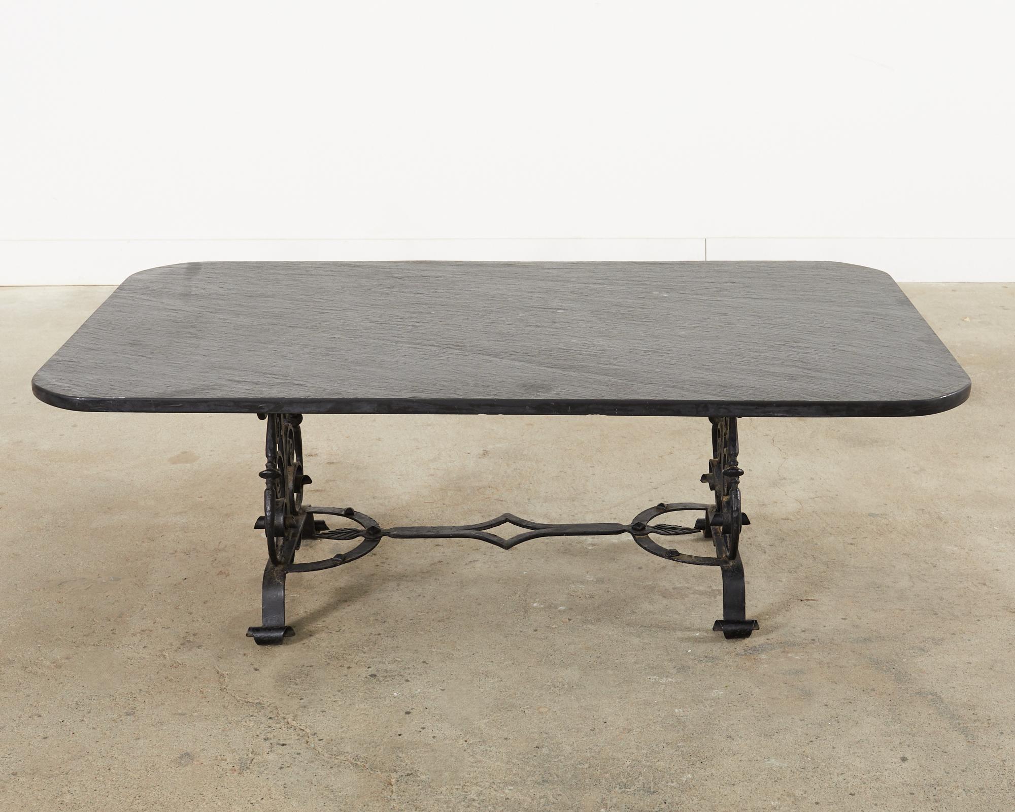 20th Century Spanish Colonial Style Iron Slate Top Garden Cocktail Table 