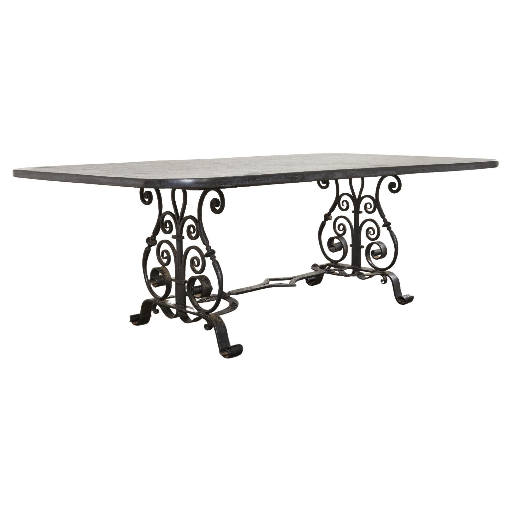 Spanish Colonial Style Iron Slate Top Garden Cocktail Table  For Sale