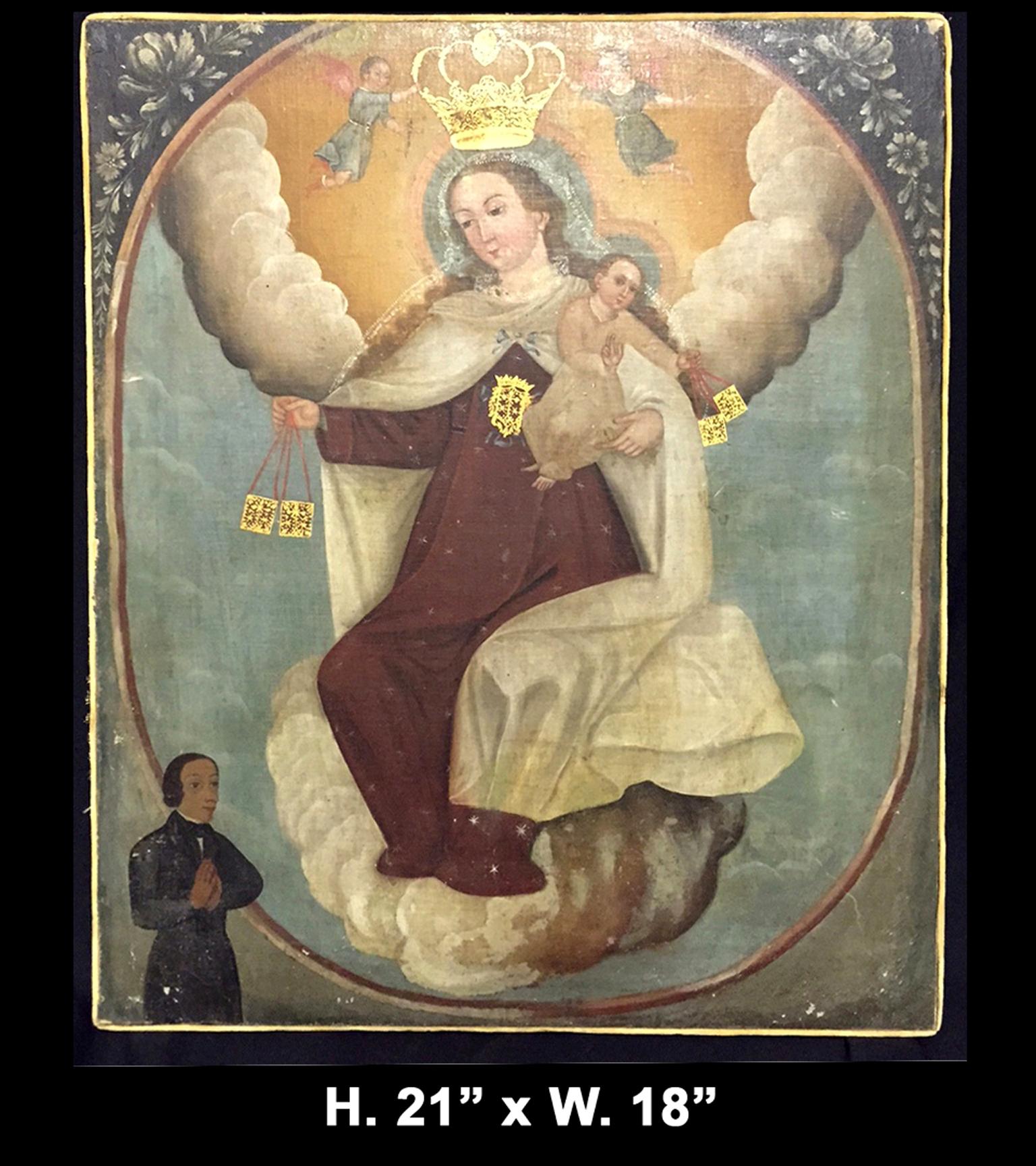 A finely painted 19th century Spanish Colonial style oil on canvas depicting a crowned Madonna holding Baby Jesus in the clouds, two angels wielding her crown, decorated in floral and foliage motif. 

Meticulous attention was given to the details