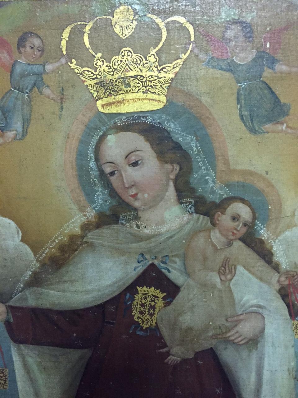 Spanish Colonial Style Madonna Oil on Canvas, 19th Century In Good Condition In Cypress, CA
