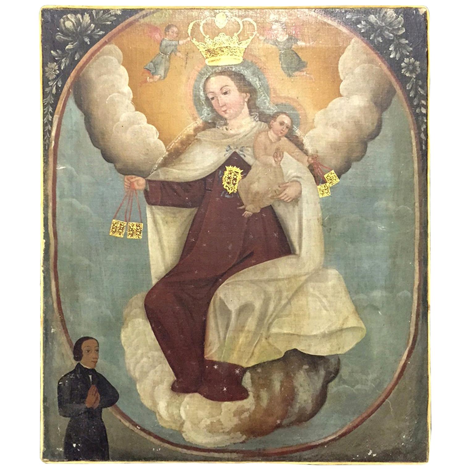 Spanish Colonial Style Madonna Oil on Canvas, 19th Century