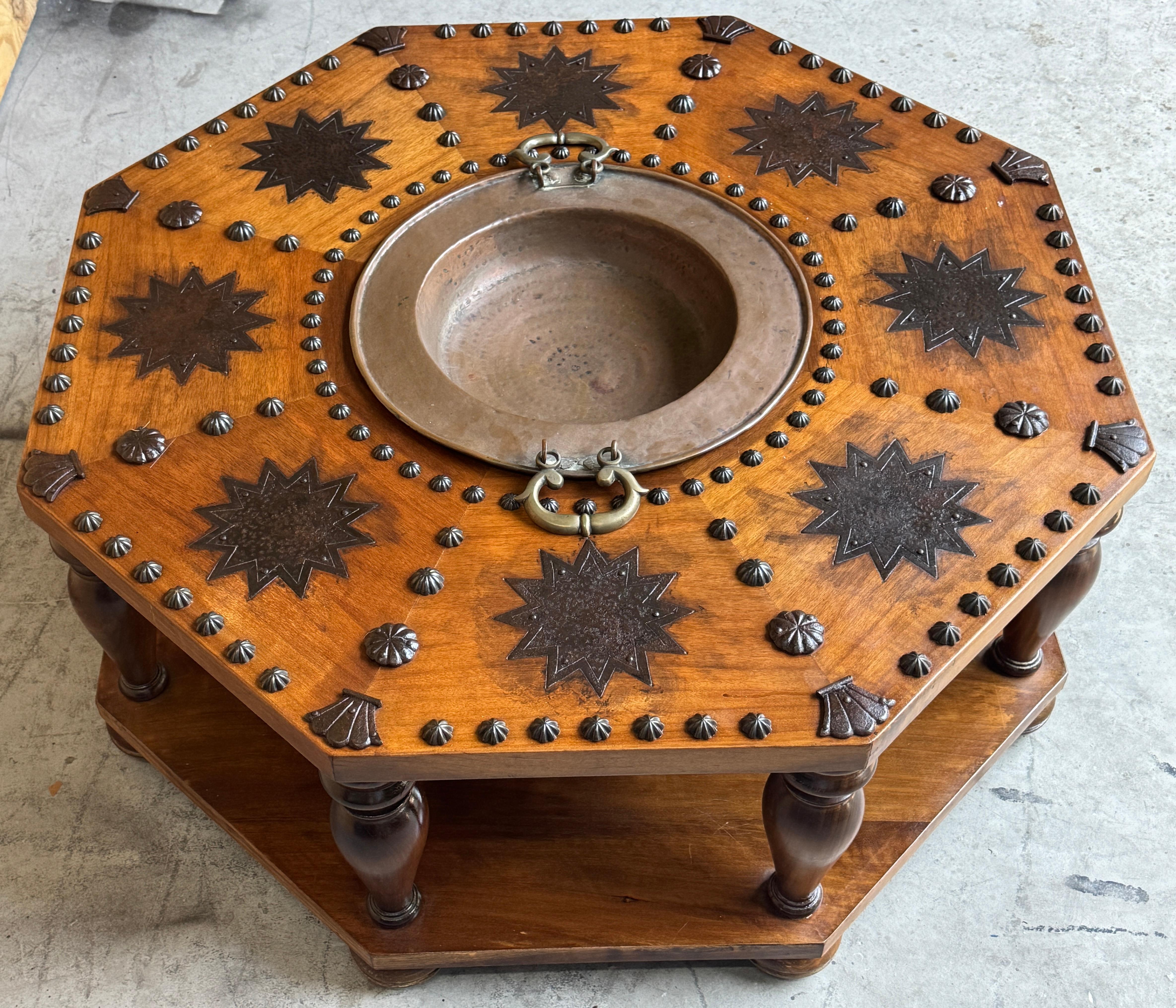 Bronze Table à brasero octogonale de style colonial espagnol, montures en bronze, début et milieu du 20e siècle en vente