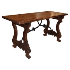 Antique Spanish Colonial Style Walnut Table with Iron Stretcher