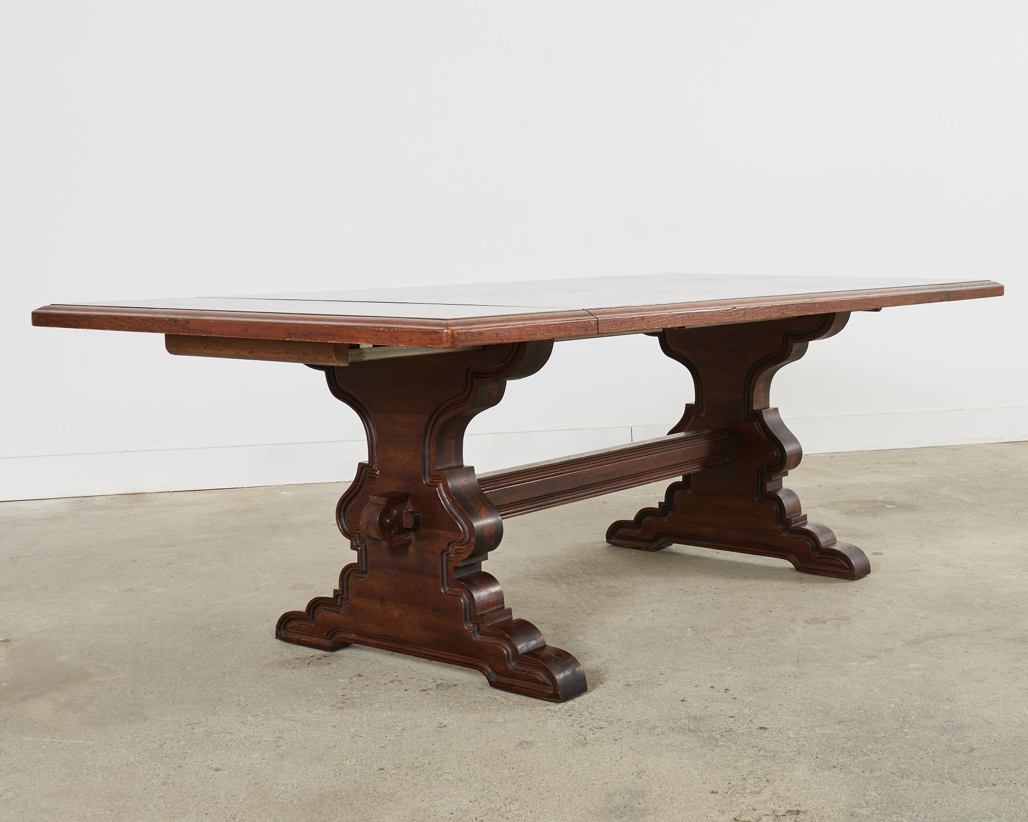 Metal Spanish Colonial Style Walnut Trestle Dining Table