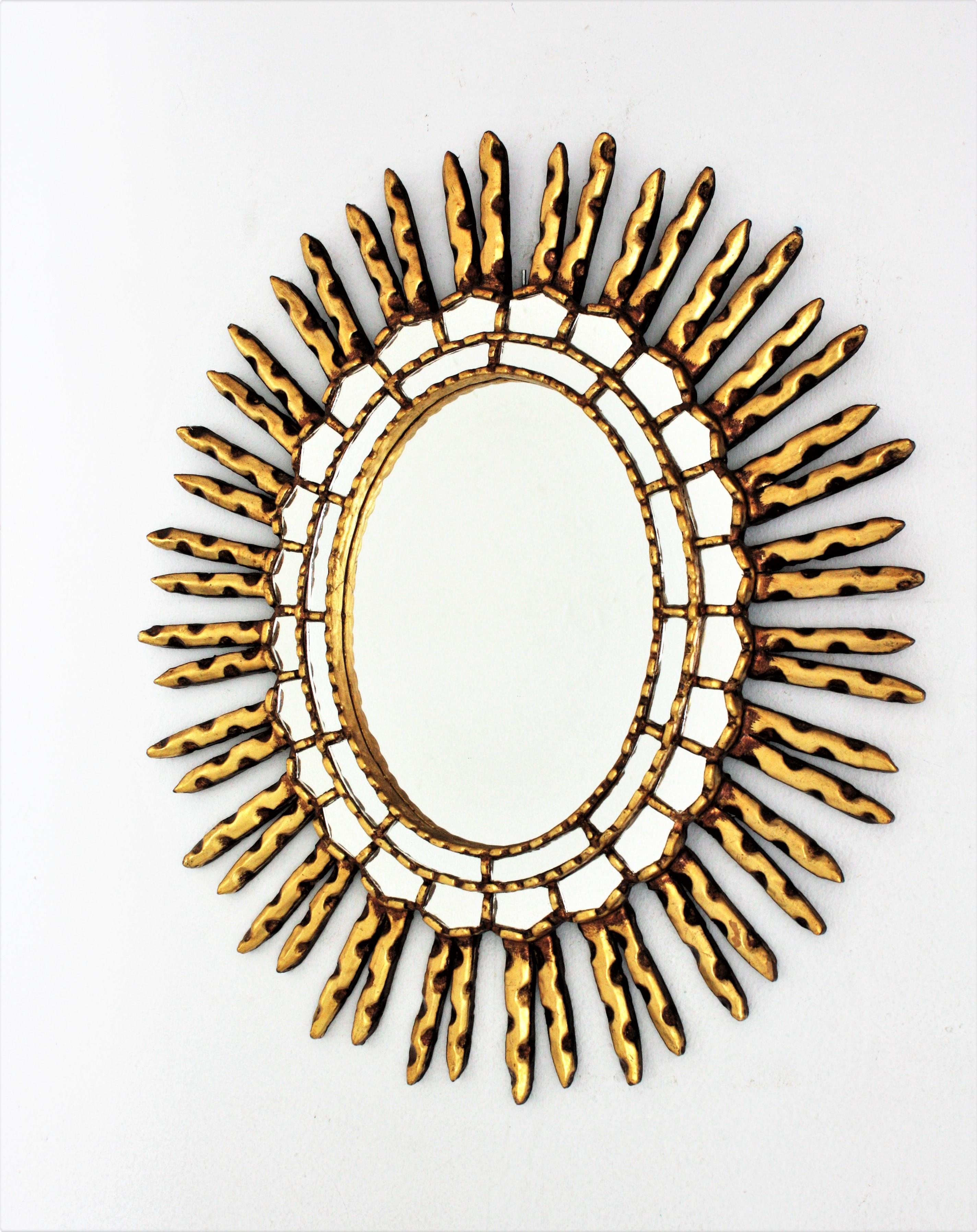 Spanish Colonial Sunburst Oval Mirror in Giltwood For Sale 6