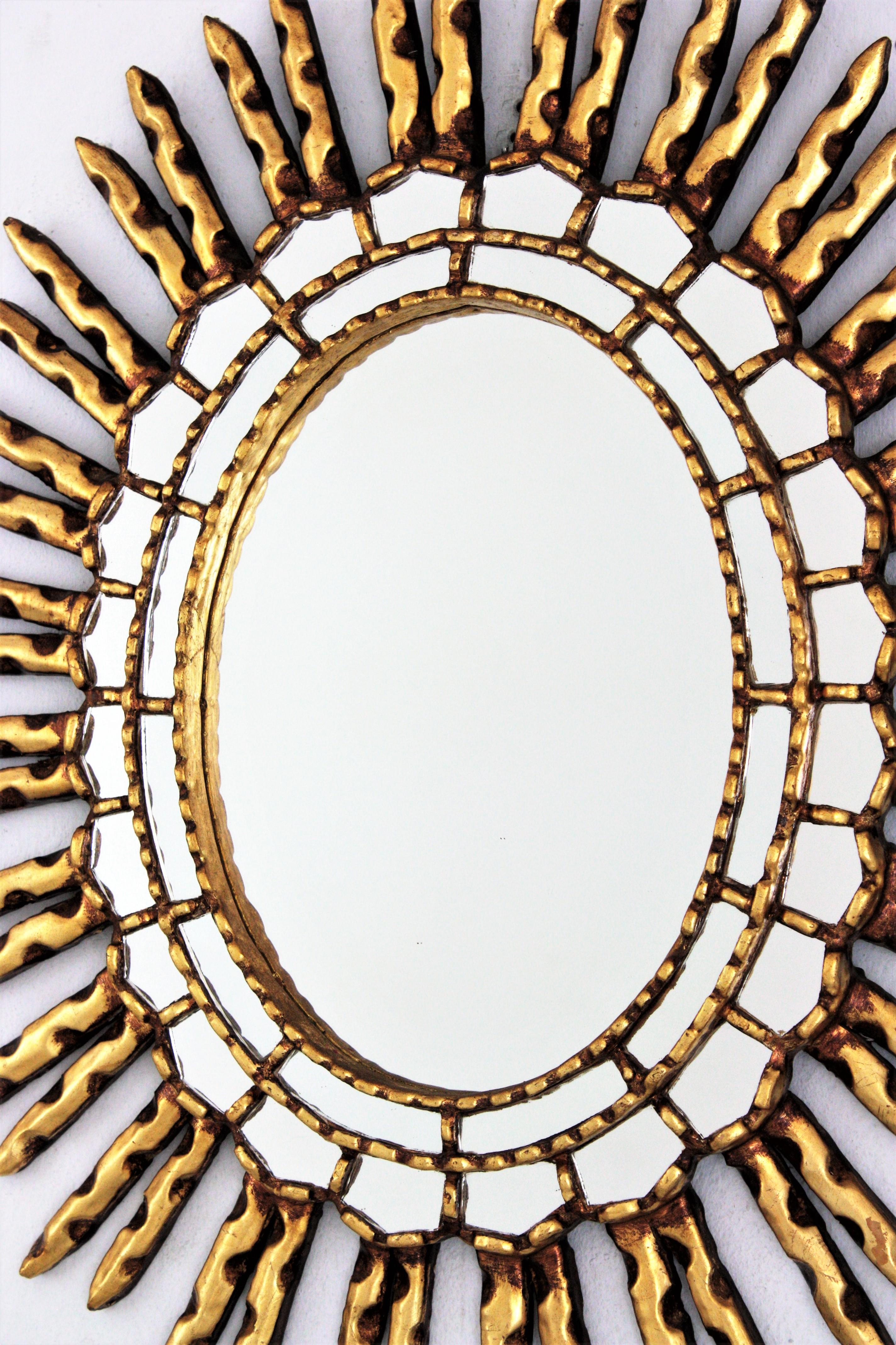 Spanish Colonial Sunburst Oval Mirror in Giltwood For Sale 7