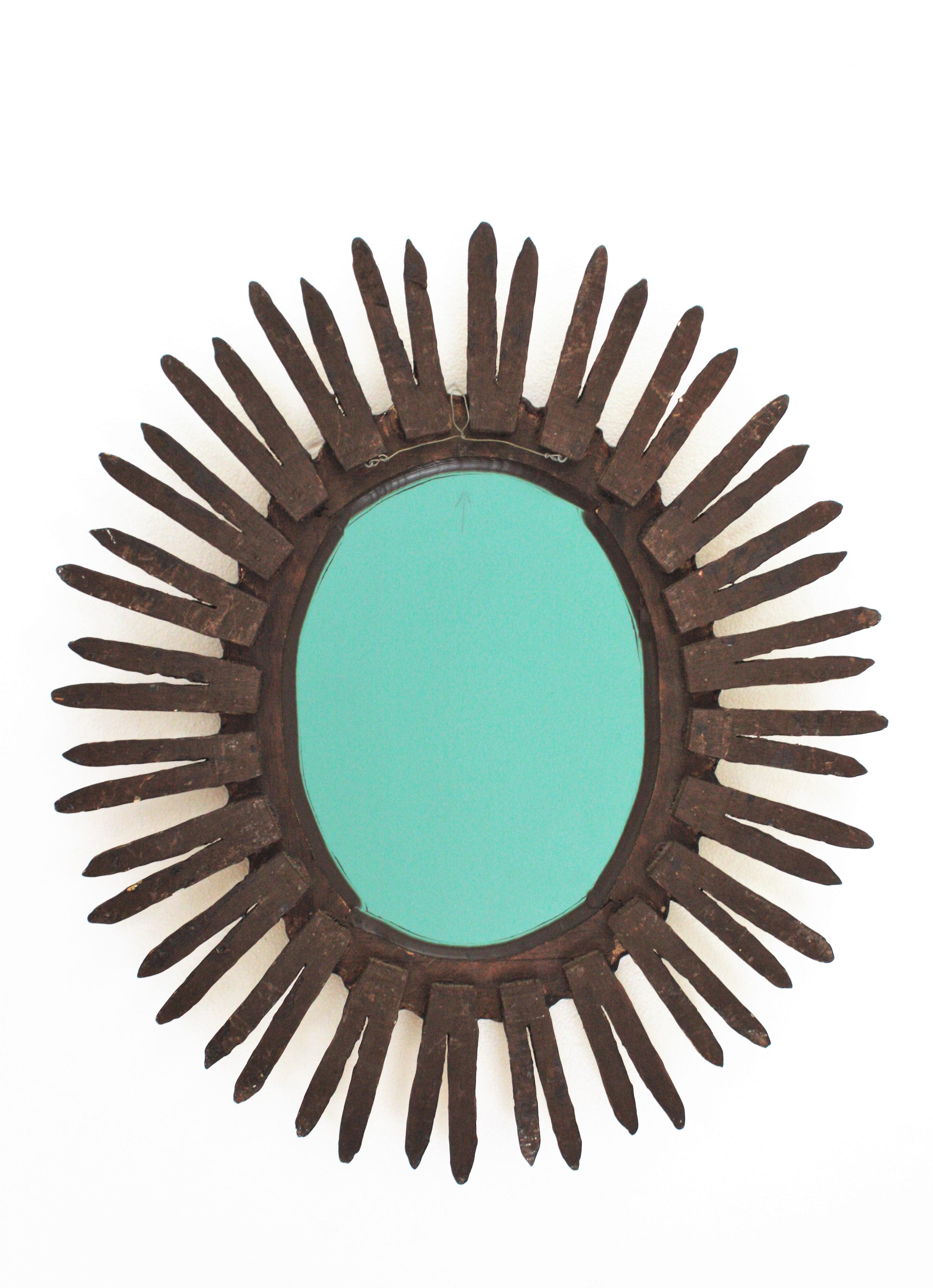 Spanish Colonial Sunburst Oval Mirror in Giltwood For Sale 8