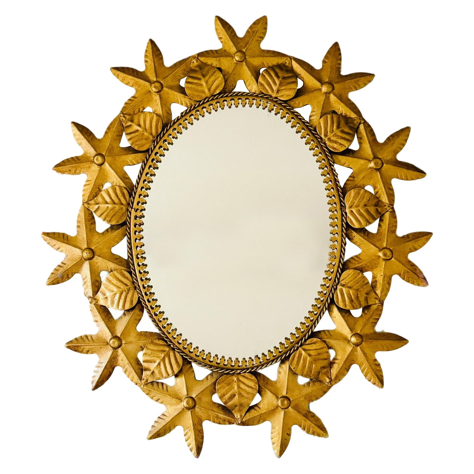 Spanish Colonial Sunburst Style Gilt Floral Oval Mirror For Sale