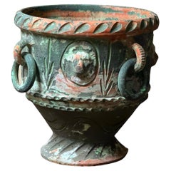 Spanish Colonial Terracotta Green Painted Planter, Lions Head and Plants, 1900